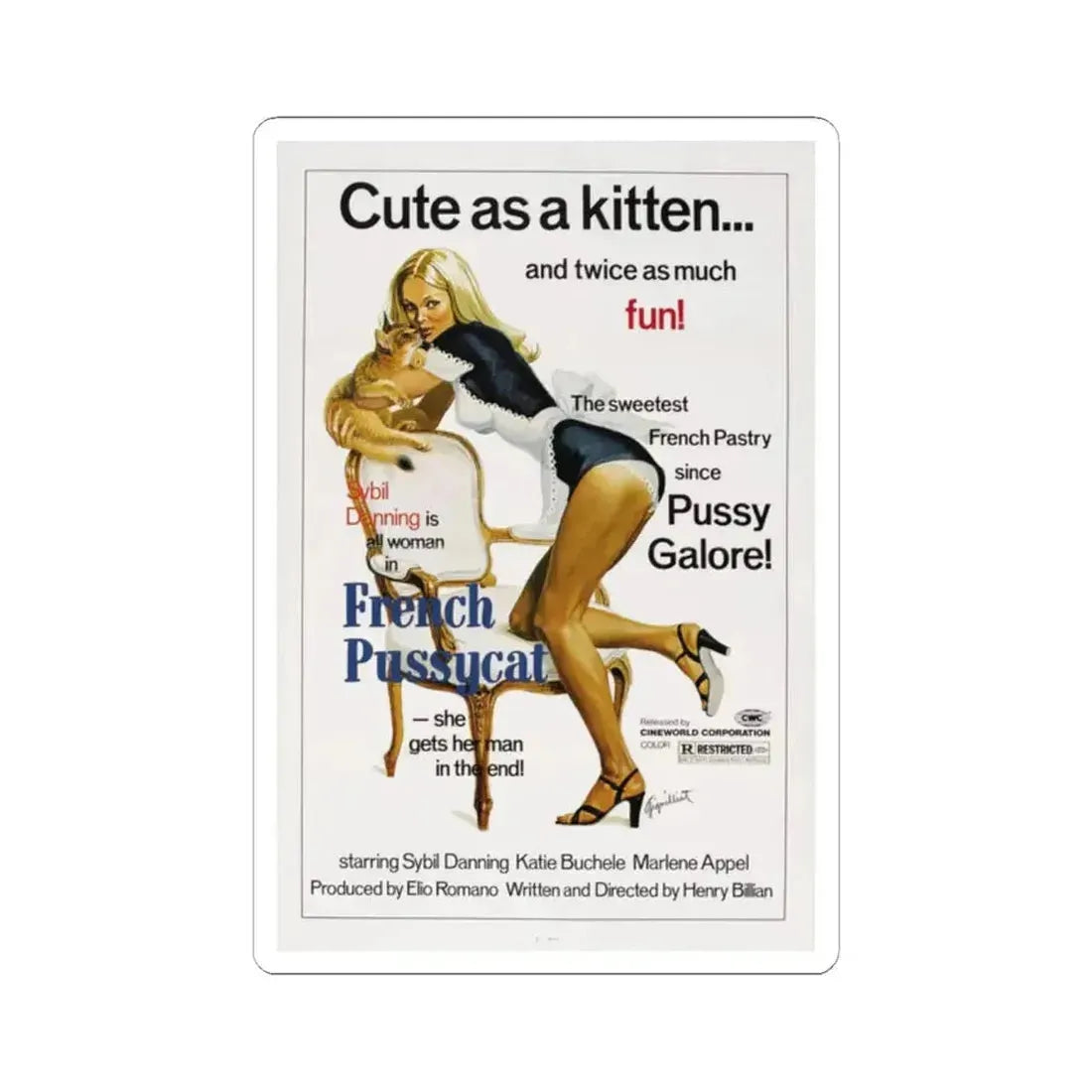 FRENCH PUSSYCAT 1972 Movie Poster - STICKER Vinyl Kiss-Cut Decal 2 Inch White - The Sticker Space