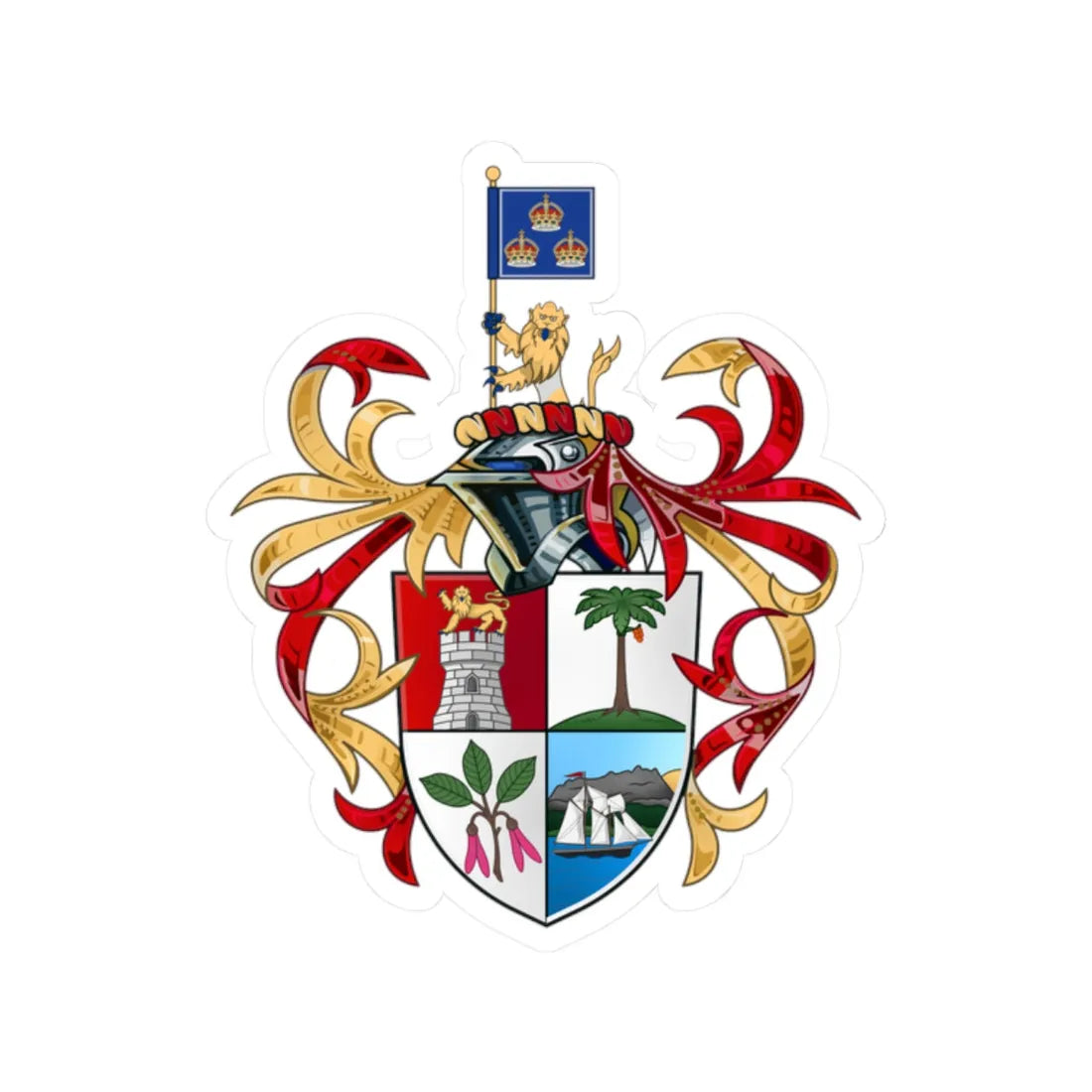 Full coat of arms of the Straits Settlements 1826-1946 (Malaysia) (Coat of Arms) STICKER Vinyl Kiss-Cut Decal 2 Inch White - The Sticker Space