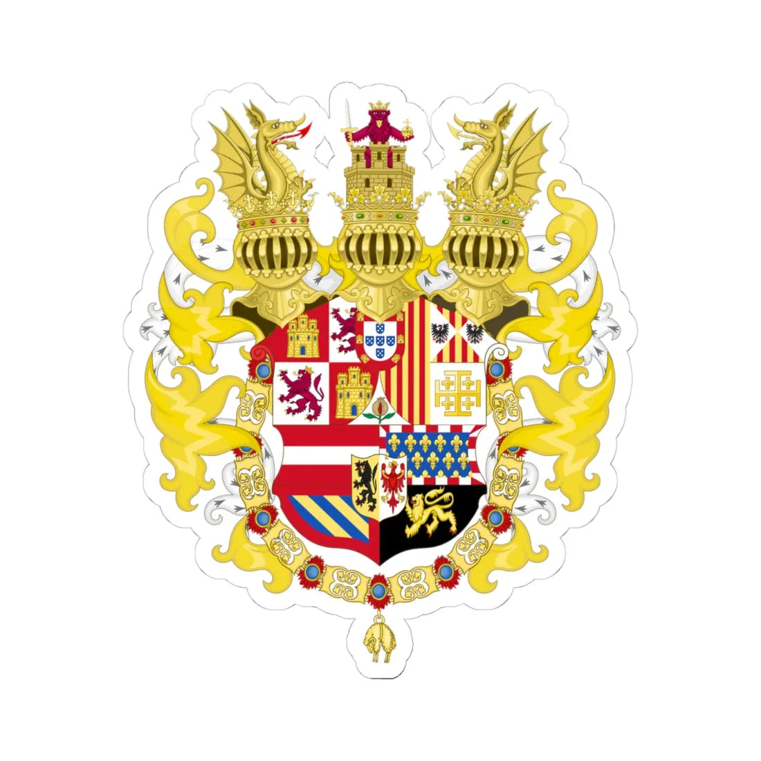 Full Ornamented Coat of Arms of Philip III and Charles V of Naples 1650-1700 (Spain) (Coat of Arms) STICKER Vinyl Kiss-Cut Decal 4 Inch White - The Sticker Space