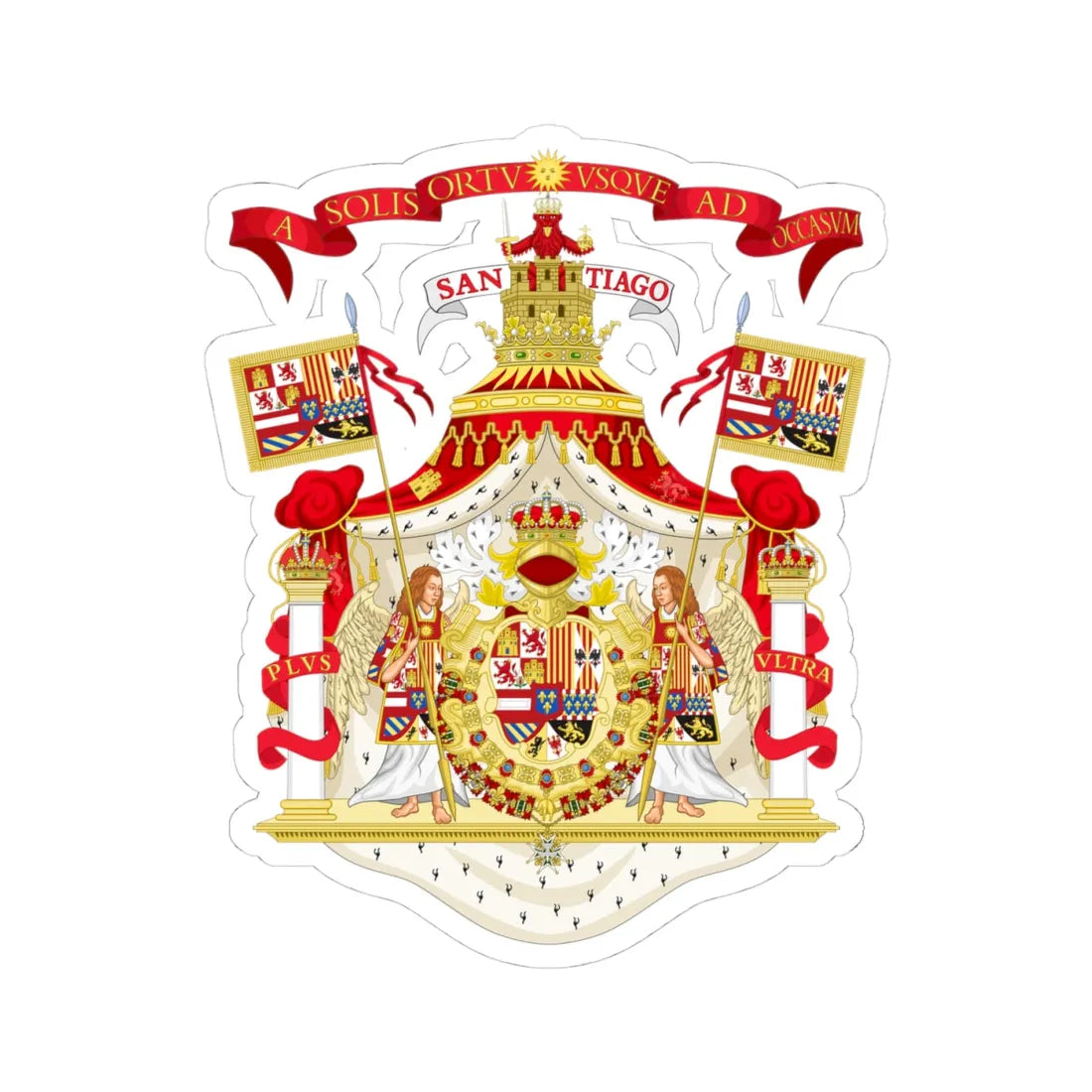 Full Ornamented Royal Coat of Arms of Spain 1700-1761 (Spain) (Coat of Arms) STICKER Vinyl Kiss-Cut Decal 4 Inch White - The Sticker Space