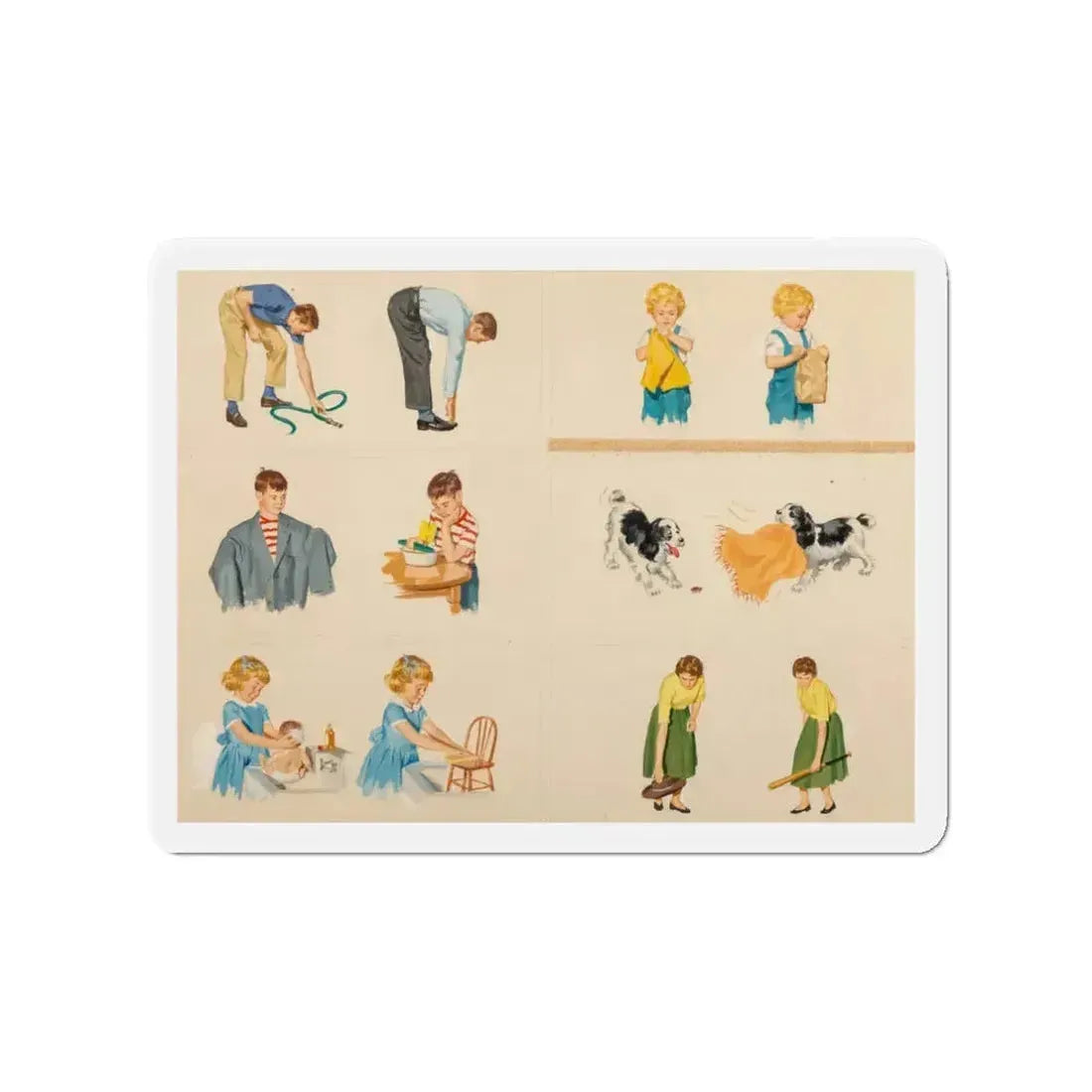Fun at Home, Dick and Jane illustration (Magazine Illustration) Refrigerator Magnet 3 Inch Die-Cut - The Sticker Space
