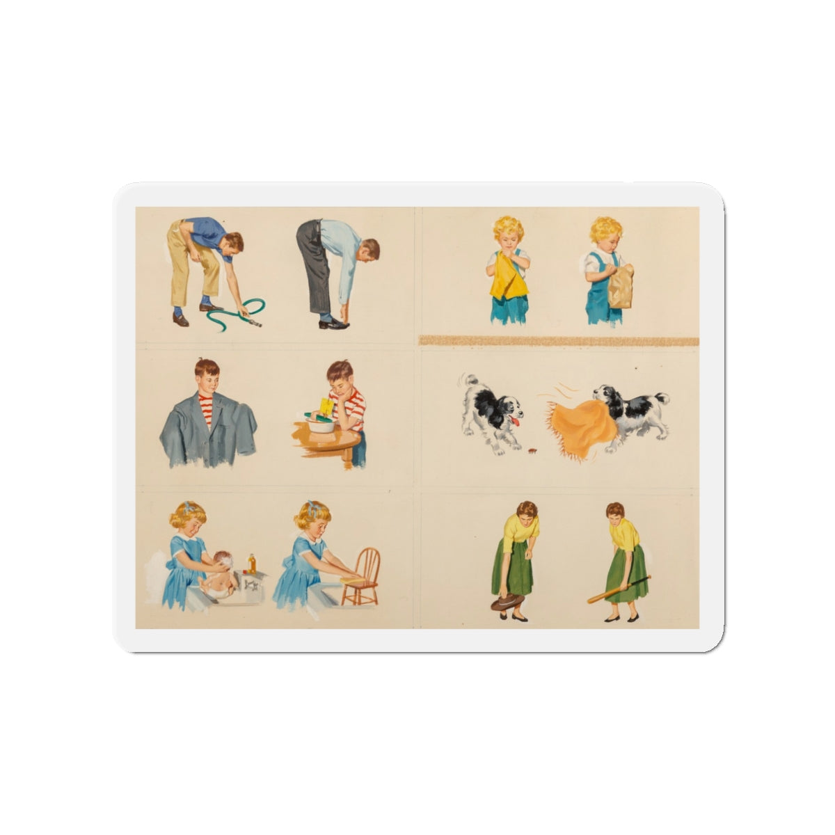 Fun at Home, Dick and Jane illustration (Magazine Illustration) Refrigerator Magnet-3" x 3"-The Sticker Space