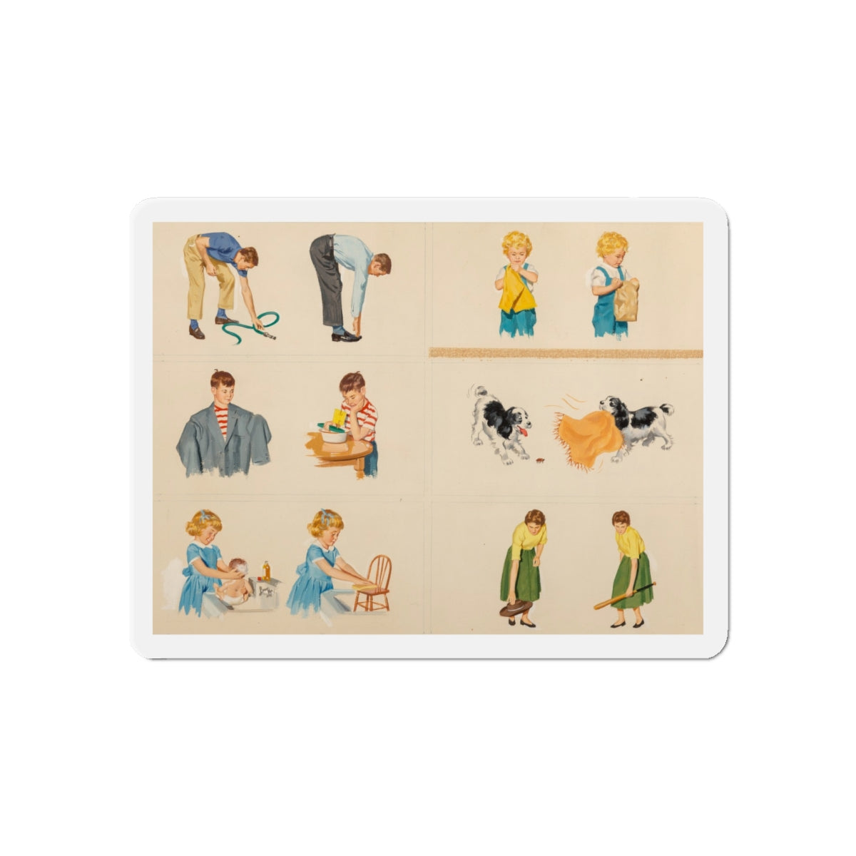 Fun at Home, Dick and Jane illustration (Magazine Illustration) Refrigerator Magnet-6 × 6"-The Sticker Space