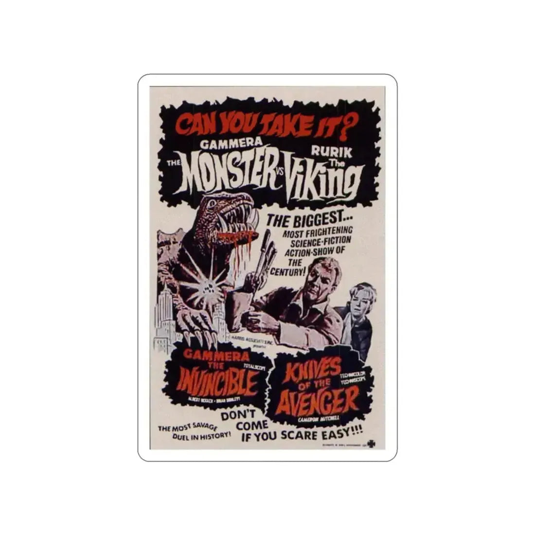 GAMERA THE INVINCIBLE + KNIVES OF THE AVENGER 1966 Movie Poster STICKER Vinyl Die-Cut Decal 2 Inch - The Sticker Space