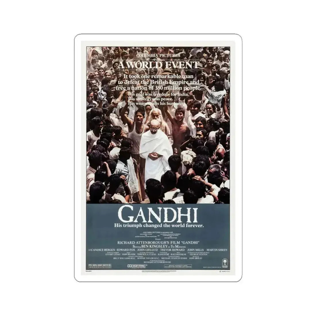 Gandhi 1982 Movie Poster - STICKER Vinyl Kiss-Cut Decal 4 Inch White - The Sticker Space