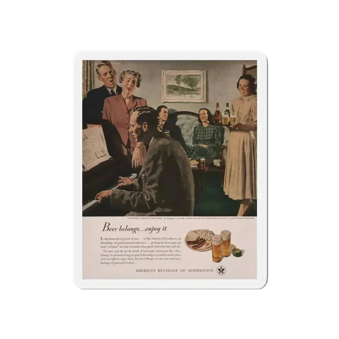 Gathered Around The Piano,  Look magazine, January 1949 (Magazine Illustration) Refrigerator Magnet 3 Inch Die-Cut - The Sticker Space