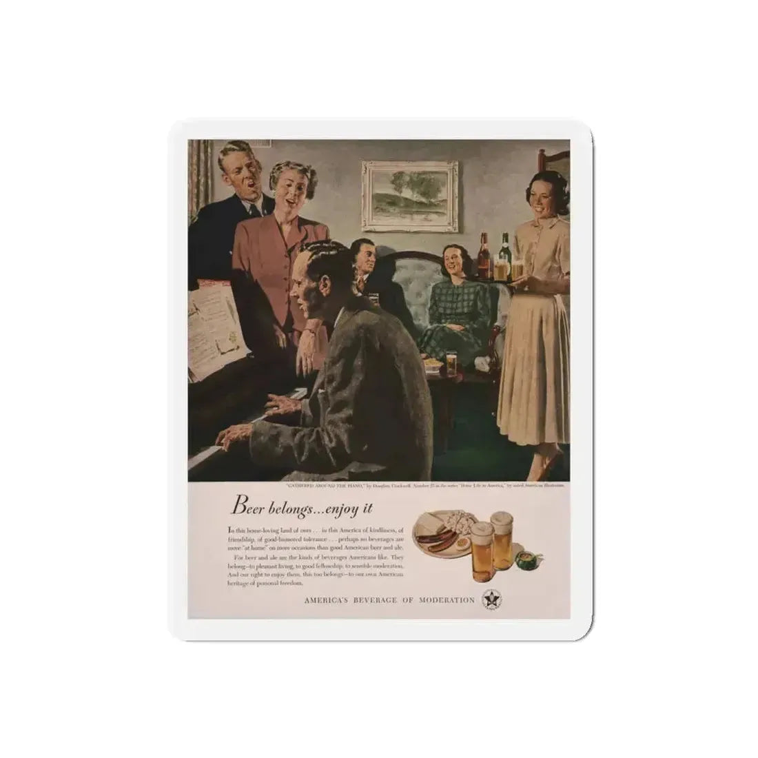 Gathered Around The Piano,  Look magazine, January 1949 (Magazine Illustration) Refrigerator Magnet 4 Inch Die-Cut - The Sticker Space