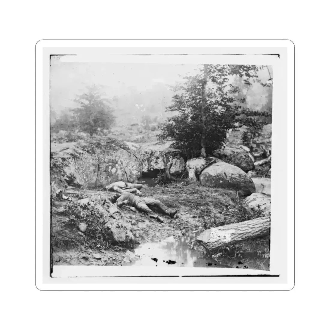 Gettysburg, Pa. Dead Confederate Soldiers in the  Slaughter Pen  at the Foot of Little Round Top (U.S. Civil War) STICKER Vinyl Kiss-Cut Decal 2 Inch White - The Sticker Space
