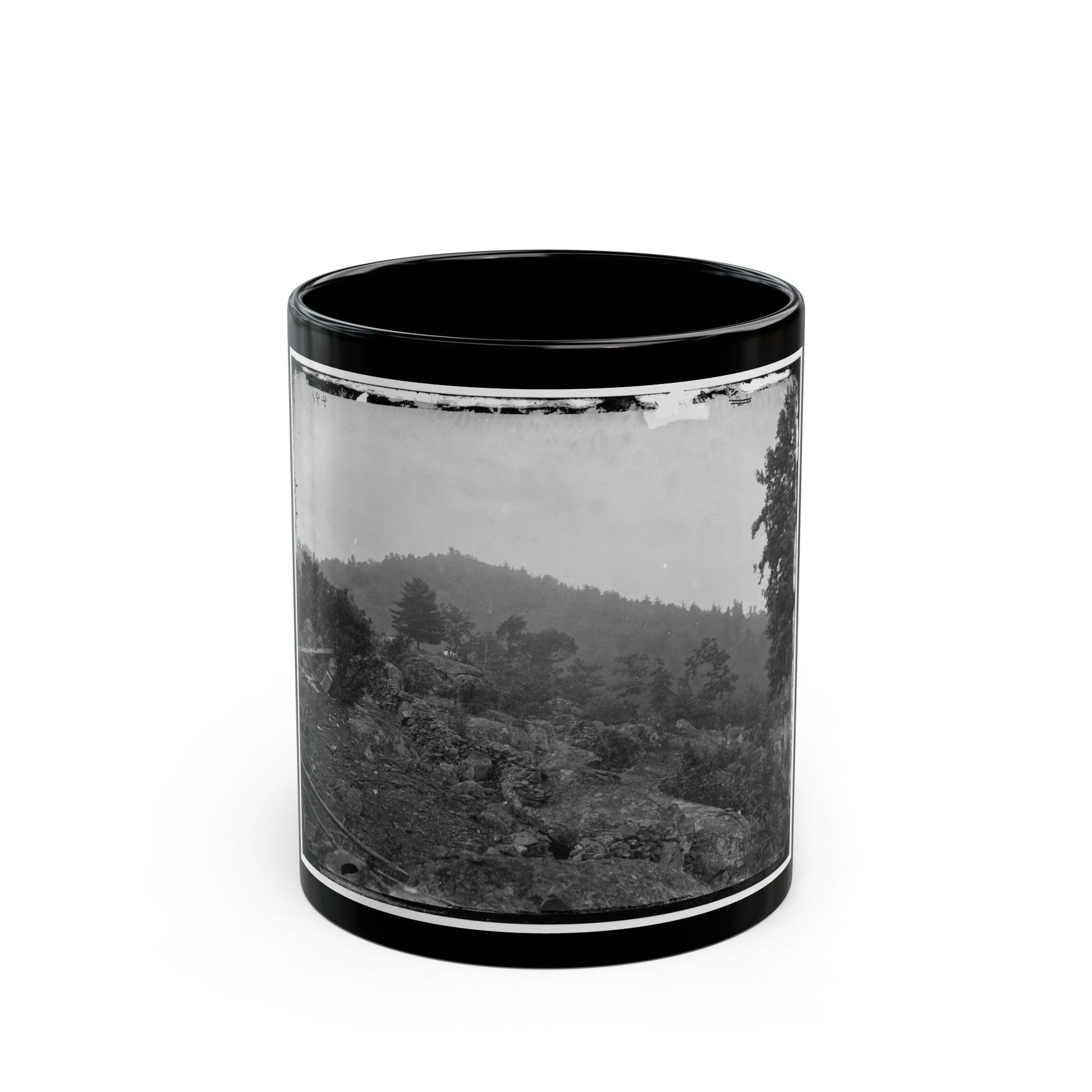 Gettysburg, Pa. Breastworks On Little Round Top; Round Top In Distance (U.S. Civil War) Black Coffee Mug-11oz-The Sticker Space