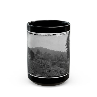 Gettysburg, Pa. Breastworks On Little Round Top; Round Top In Distance (U.S. Civil War) Black Coffee Mug-15oz-The Sticker Space