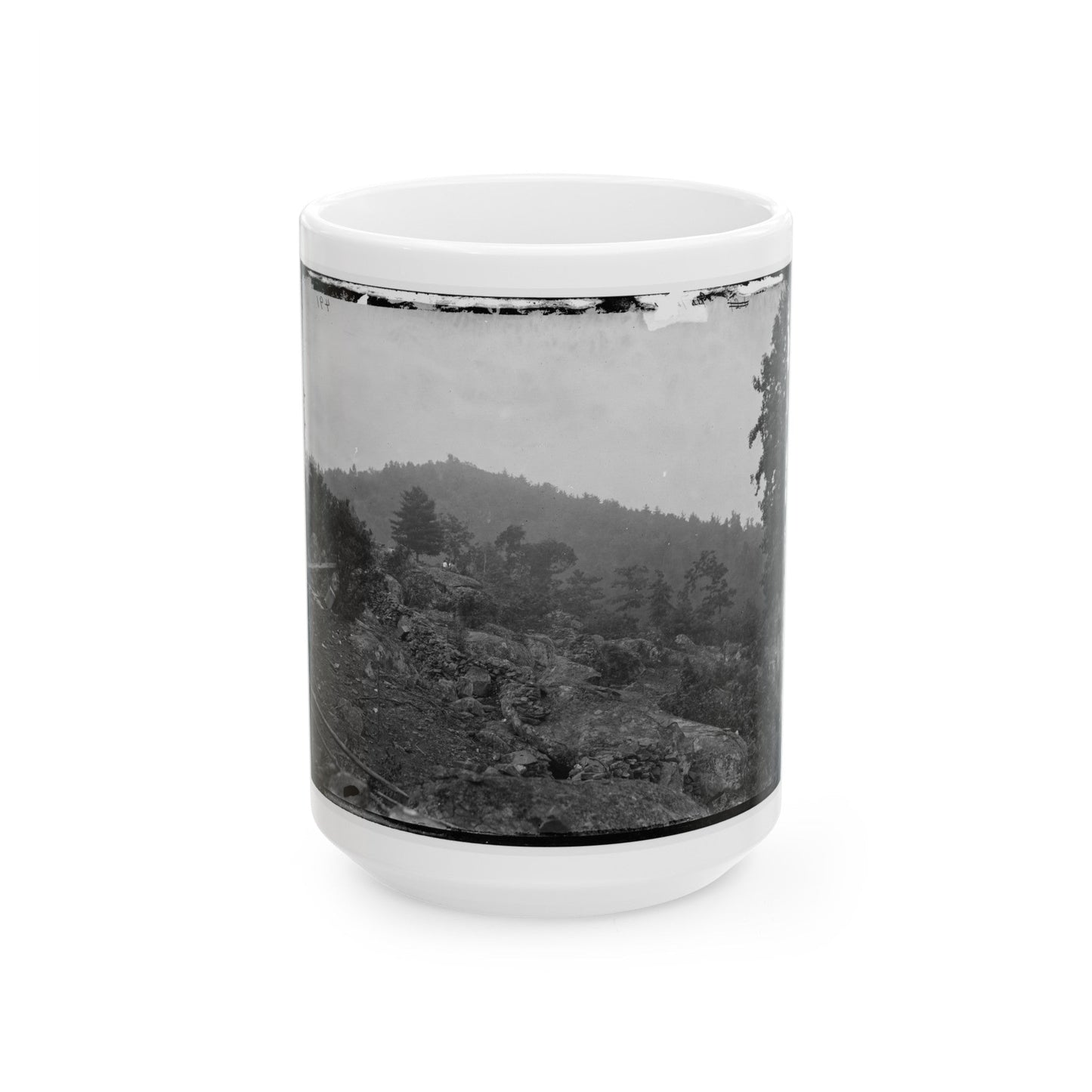 Gettysburg, Pa. Breastworks On Little Round Top; Round Top In Distance (U.S. Civil War) White Coffee Mug-15oz-The Sticker Space