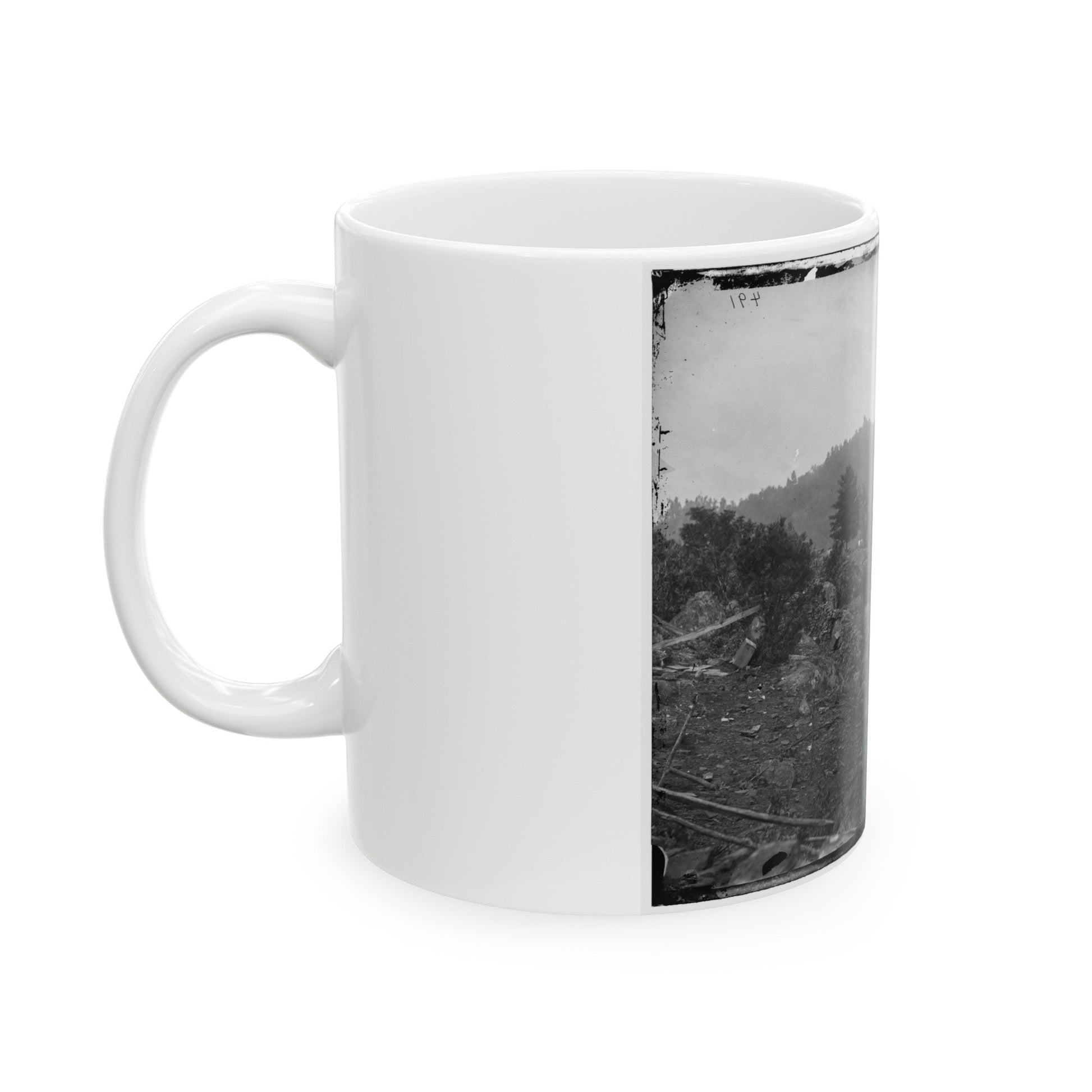 Gettysburg, Pa. Breastworks On Little Round Top; Round Top In Distance (U.S. Civil War) White Coffee Mug-The Sticker Space