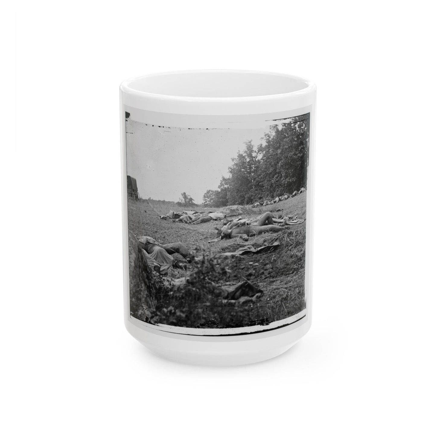 Gettysburg, Pa. Confederate Dead Gathered For Burial At The Edge Of The Rose Woods, July 5, 1863 (U.S. Civil War) White Coffee Mug-15oz-The Sticker Space