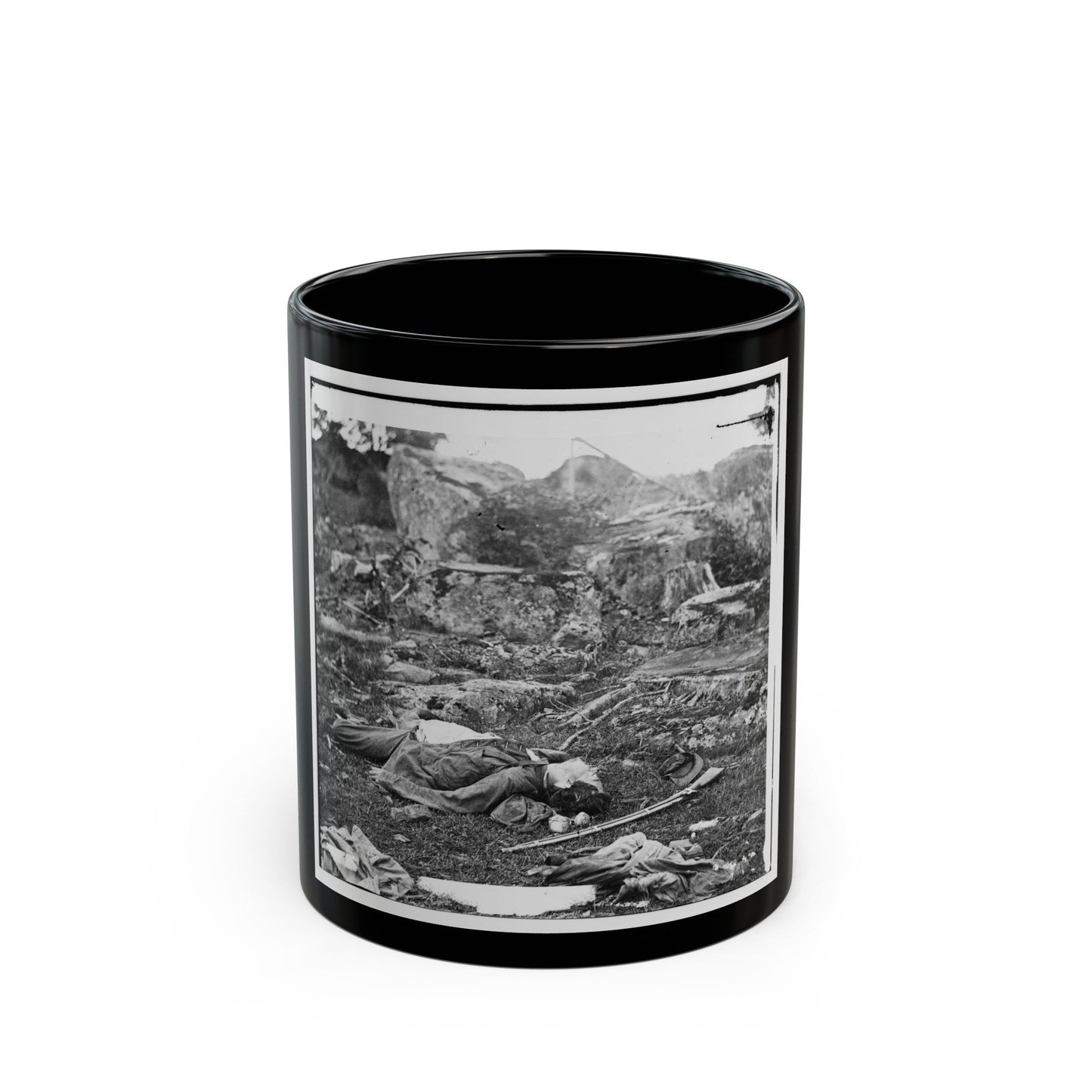 Gettysburg, Pa. Dead Confederate Soldiers In The Devil's Den (U.S. Civil War) Black Coffee Mug-11oz-The Sticker Space