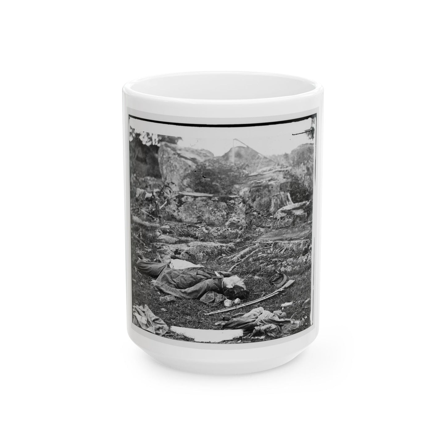 Gettysburg, Pa. Dead Confederate Soldiers In The Devil's Den (U.S. Civil War) White Coffee Mug-15oz-The Sticker Space