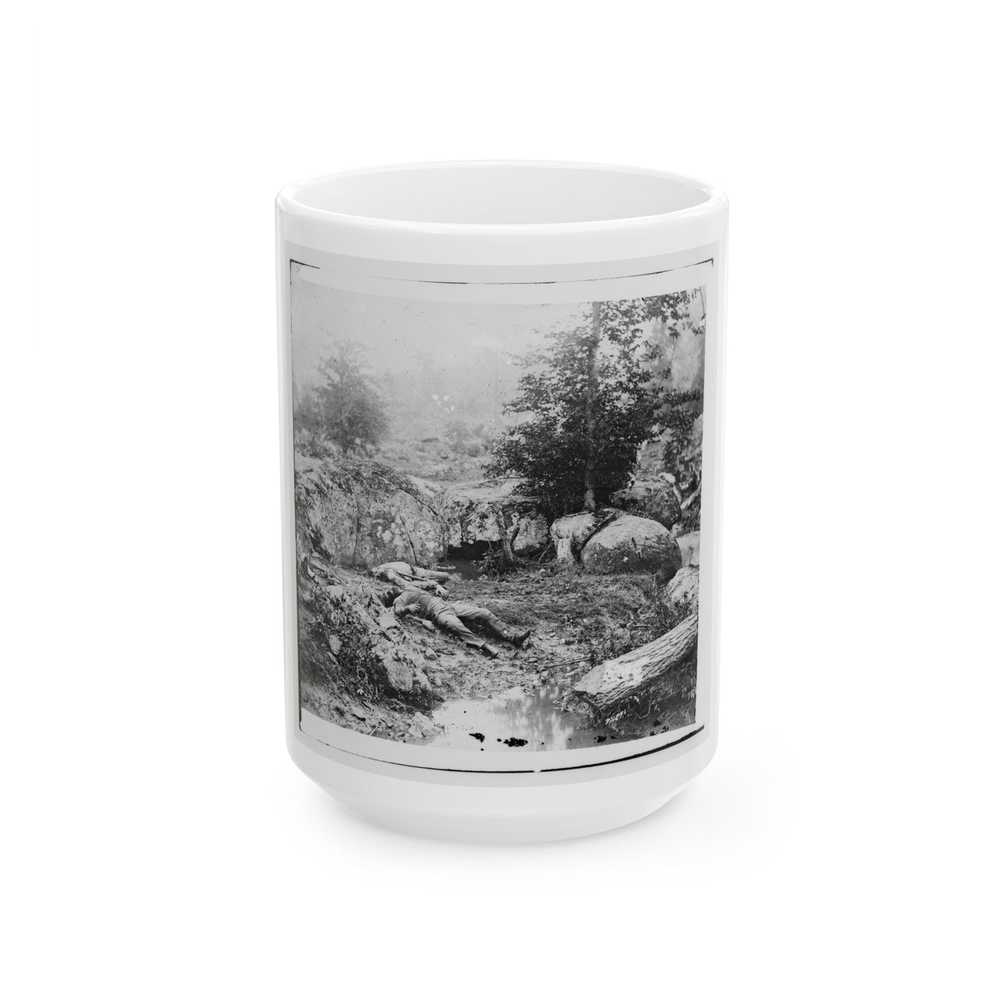 Gettysburg, Pa. Dead Confederate Soldiers In The Slaughter Pen At The Foot Of Little Round Top (U.S. Civil War) White Coffee Mug-15oz-The Sticker Space