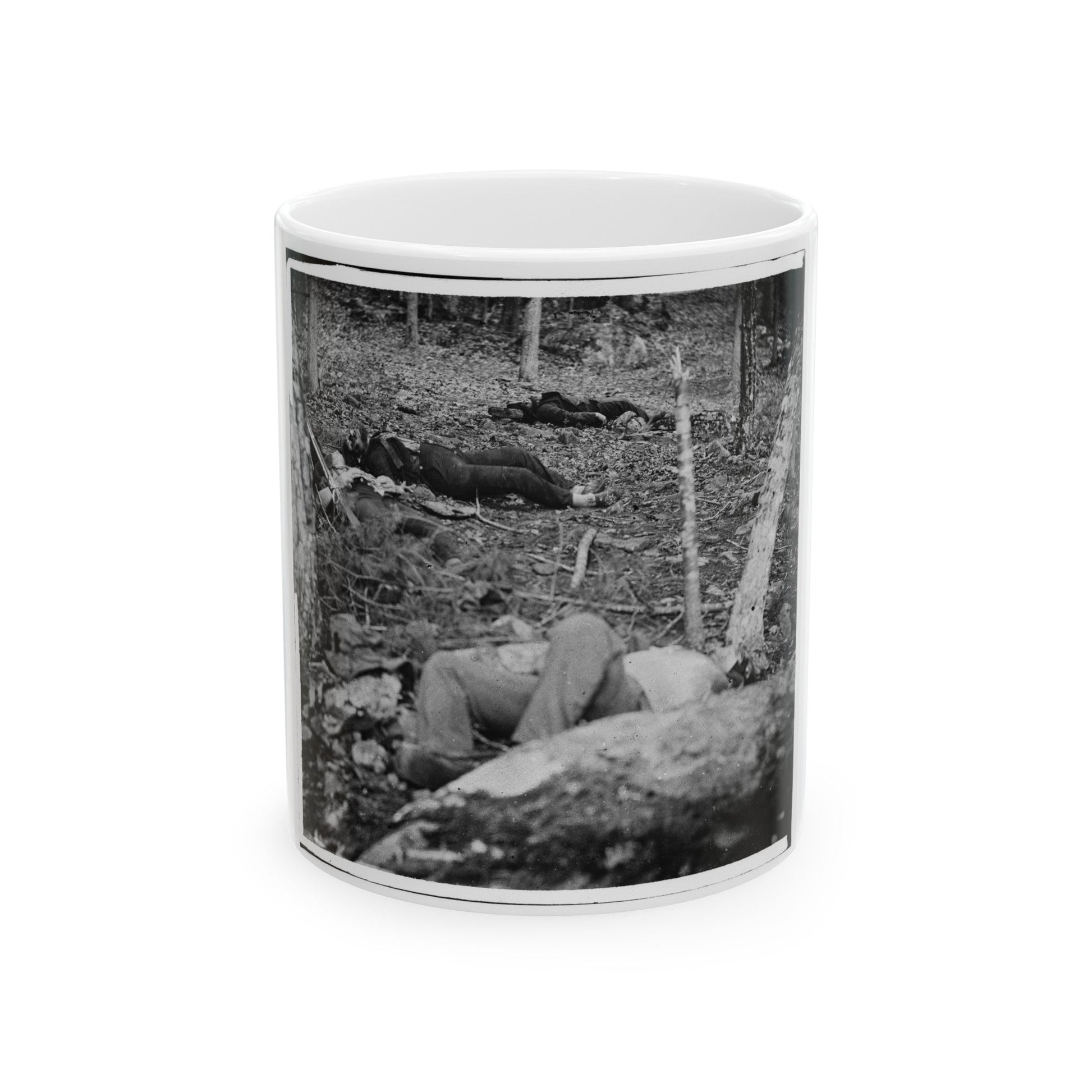 Gettysburg, Pa. Four Dead Soldiers In The Woods Near Little Round Top (U.S. Civil War) White Coffee Mug-11oz-The Sticker Space