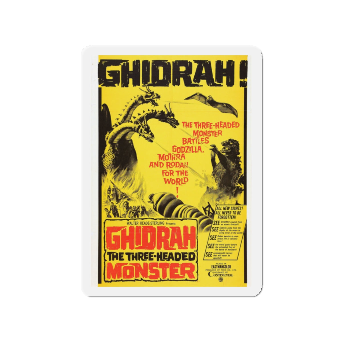 GHIDRAH THE THREE HEADED MONSTER GODZILLA 1964 Movie Poster - Die-Cut Magnet-2" x 2"-The Sticker Space