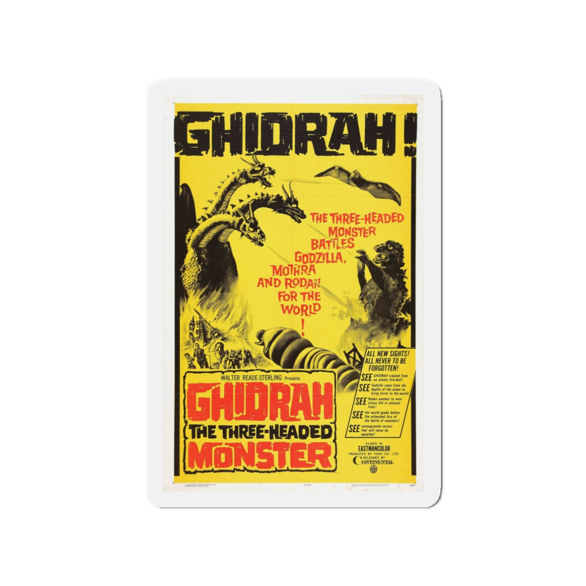 GHIDRAH THE THREE HEADED MONSTER GODZILLA 1964 Movie Poster - Die-Cut Magnet-3" x 3"-The Sticker Space