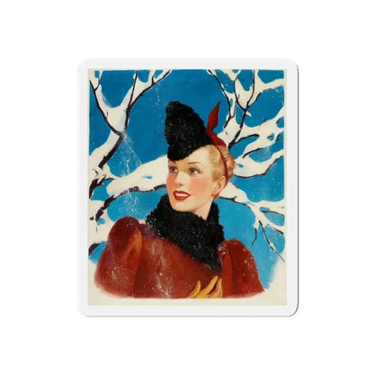 Girl in Winter, American Weekly cover illustration (Magazine Illustration) Refrigerator Magnet 4 Inch Die-Cut - The Sticker Space