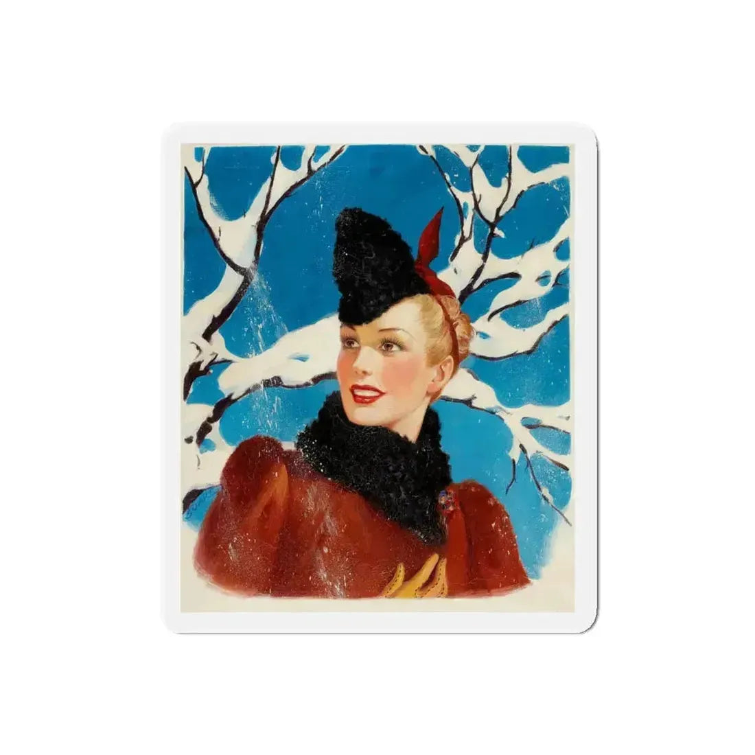 Girl in Winter, American Weekly cover illustration (Magazine Illustration) Refrigerator Magnet 5 Inch Die-Cut - The Sticker Space