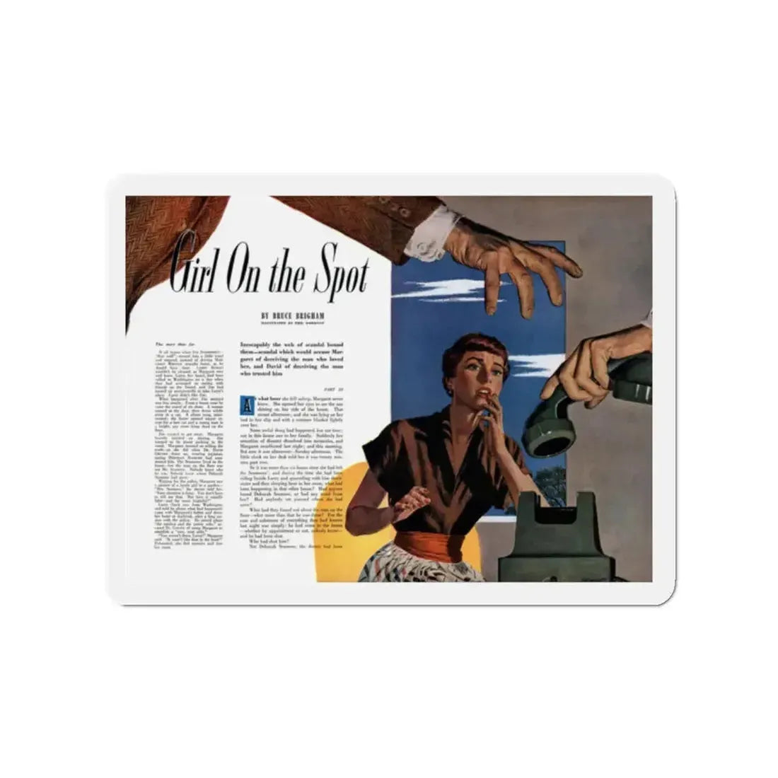 Girl On the Spot (Pt. 3), Redbook, May 1950 (Magazine Illustration) Refrigerator Magnet 2 Inch Die-Cut - The Sticker Space