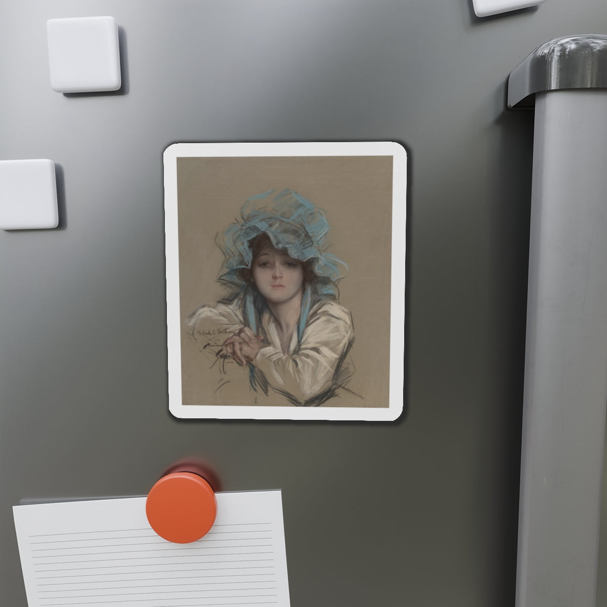 Girl with Blue Bonnet, Good Housekeeping magazine cover, July 1917 (Magazine Illustration) Refrigerator Magnet-The Sticker Space