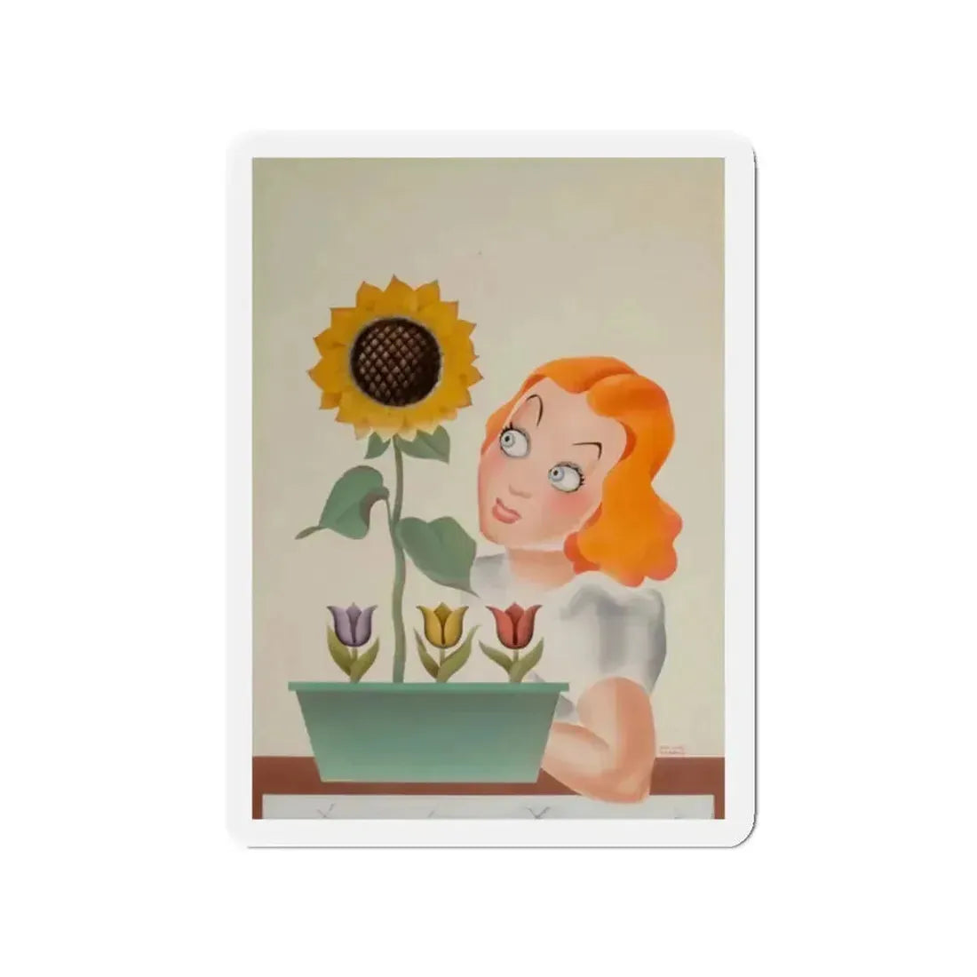 Girl with Flowers, magazine illustration (Magazine Illustration) Refrigerator Magnet 2 Inch Die-Cut - The Sticker Space