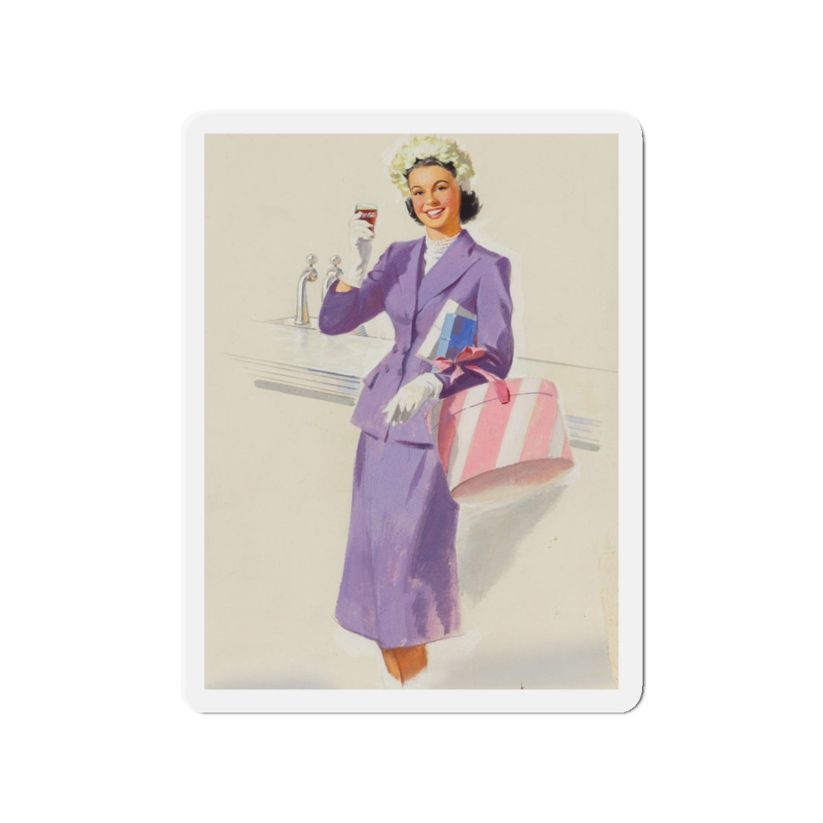 Girl with Hat Box, Coca-Cola advertisement (Magazine Illustration) Refrigerator Magnet-3" x 3"-The Sticker Space