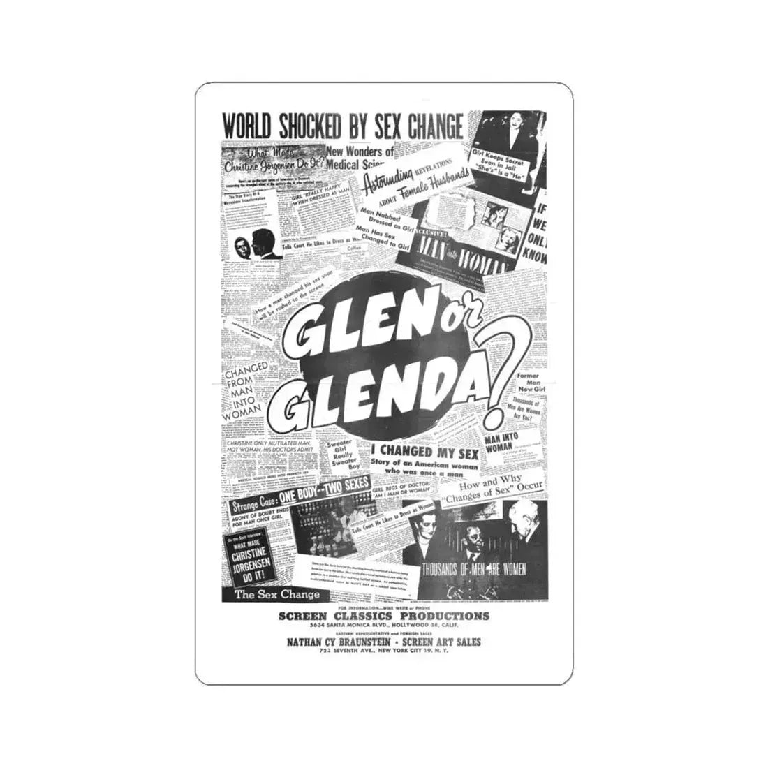 GLEN OR GLENDA (2) 1953 Movie Poster - STICKER Vinyl Kiss-Cut Decal 6 Inch White - The Sticker Space