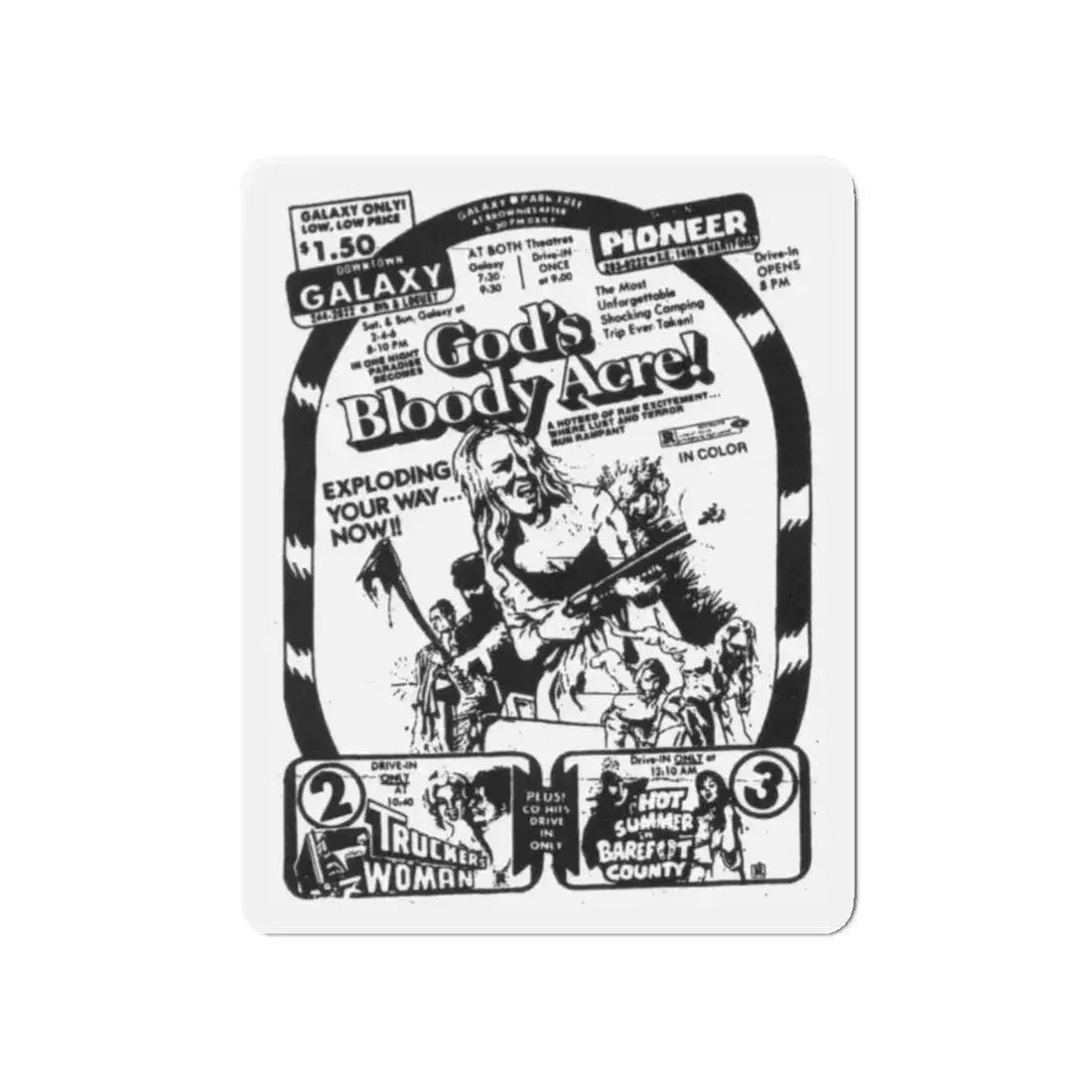 GOD'S BLOODY ACRE + TRUCK STOP WOMEN + HOT SUMMER IN BAREFOOT COUNTY 1974 Movie Poster - Refrigerator Magnet - The Sticker Space