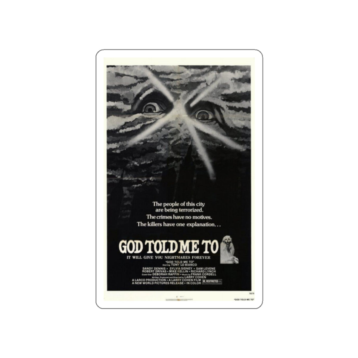 GOD TOLD ME TO 1976 Movie Poster STICKER Vinyl Die-Cut Decal-2 Inch-The Sticker Space