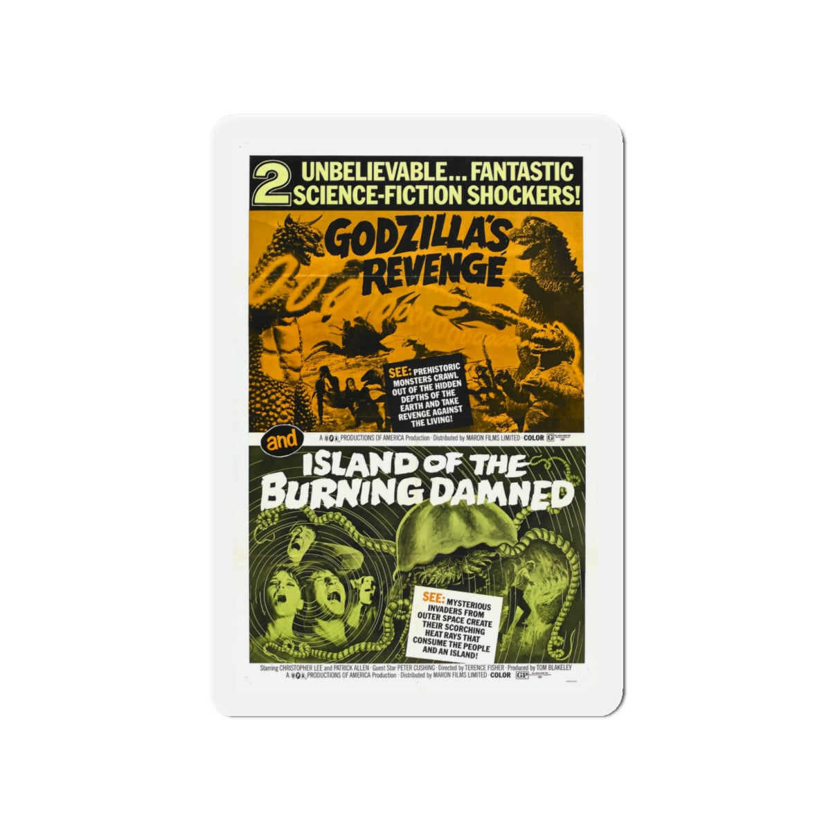 GODZILLA'S REVENGE + ISLAND OF THE BURNING DAMNED 1969 Movie Poster - Die-Cut Magnet-4" x 4"-The Sticker Space