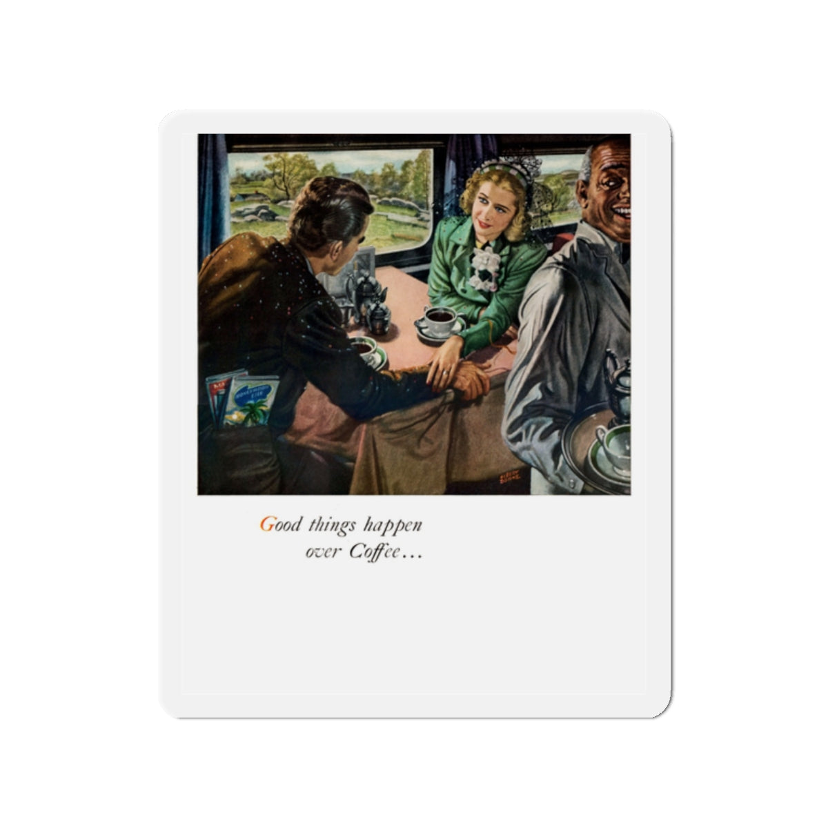 Good things happen over Coffee..., 1948 (Magazine Illustration) Refrigerator Magnet-2" x 2"-The Sticker Space