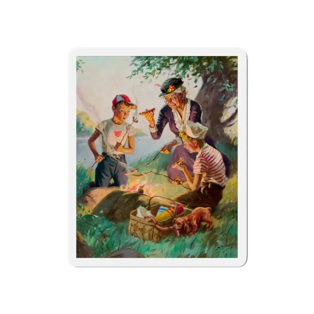 Grandma at the Weenie Roast, c. 1955 (Magazine Illustration) Refrigerator Magnet 6 Inch Die-Cut - The Sticker Space