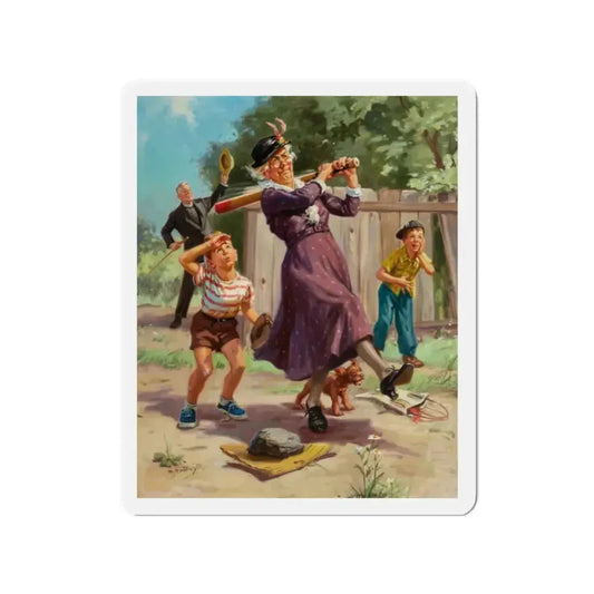 Grandma Hits a Home Run (Magazine Illustration) Refrigerator Magnet 2 Inch Die-Cut - The Sticker Space