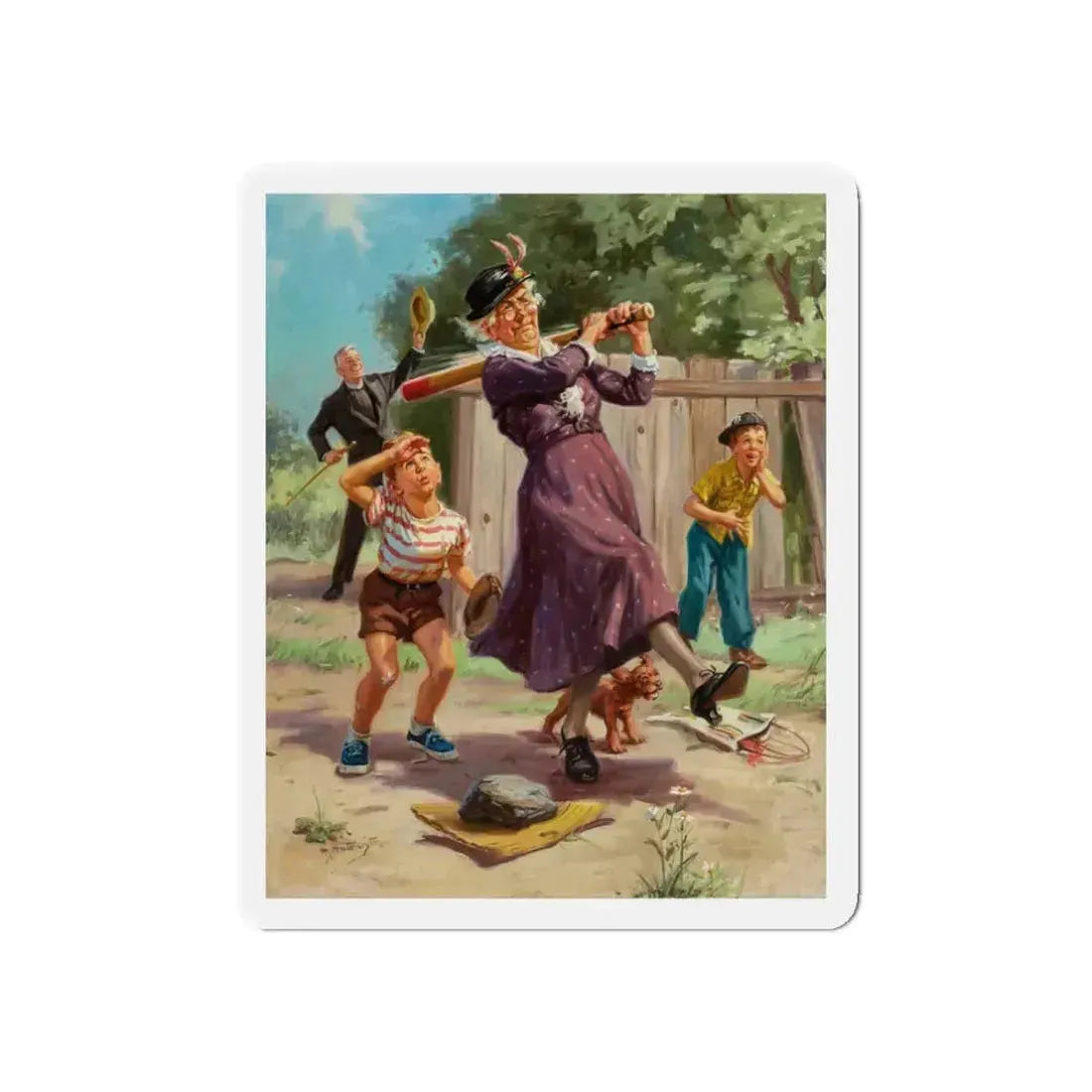 Grandma Hits a Home Run (Magazine Illustration) Refrigerator Magnet 3 Inch Die-Cut - The Sticker Space