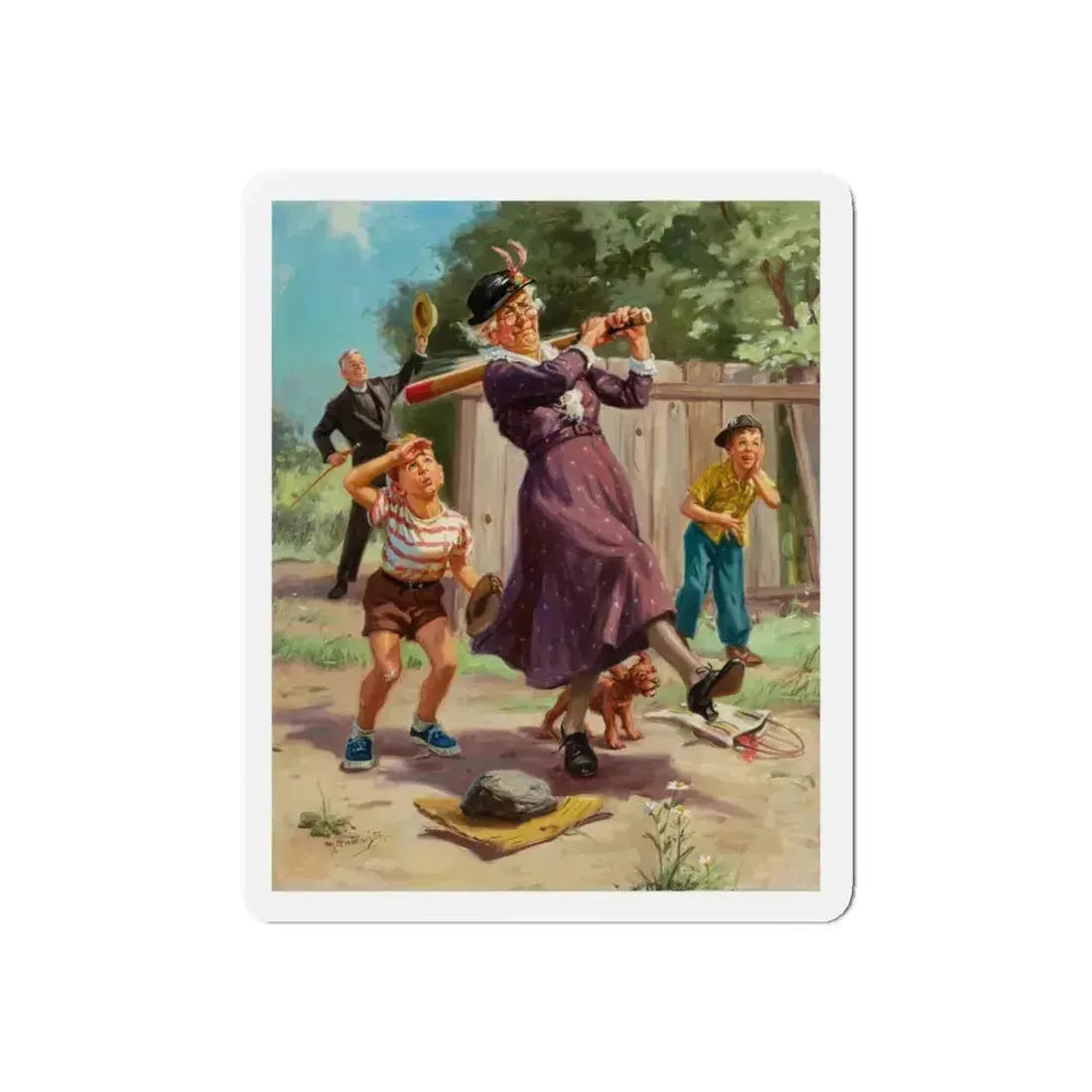 Grandma Hits a Home Run (Magazine Illustration) Refrigerator Magnet 4 Inch Die-Cut - The Sticker Space
