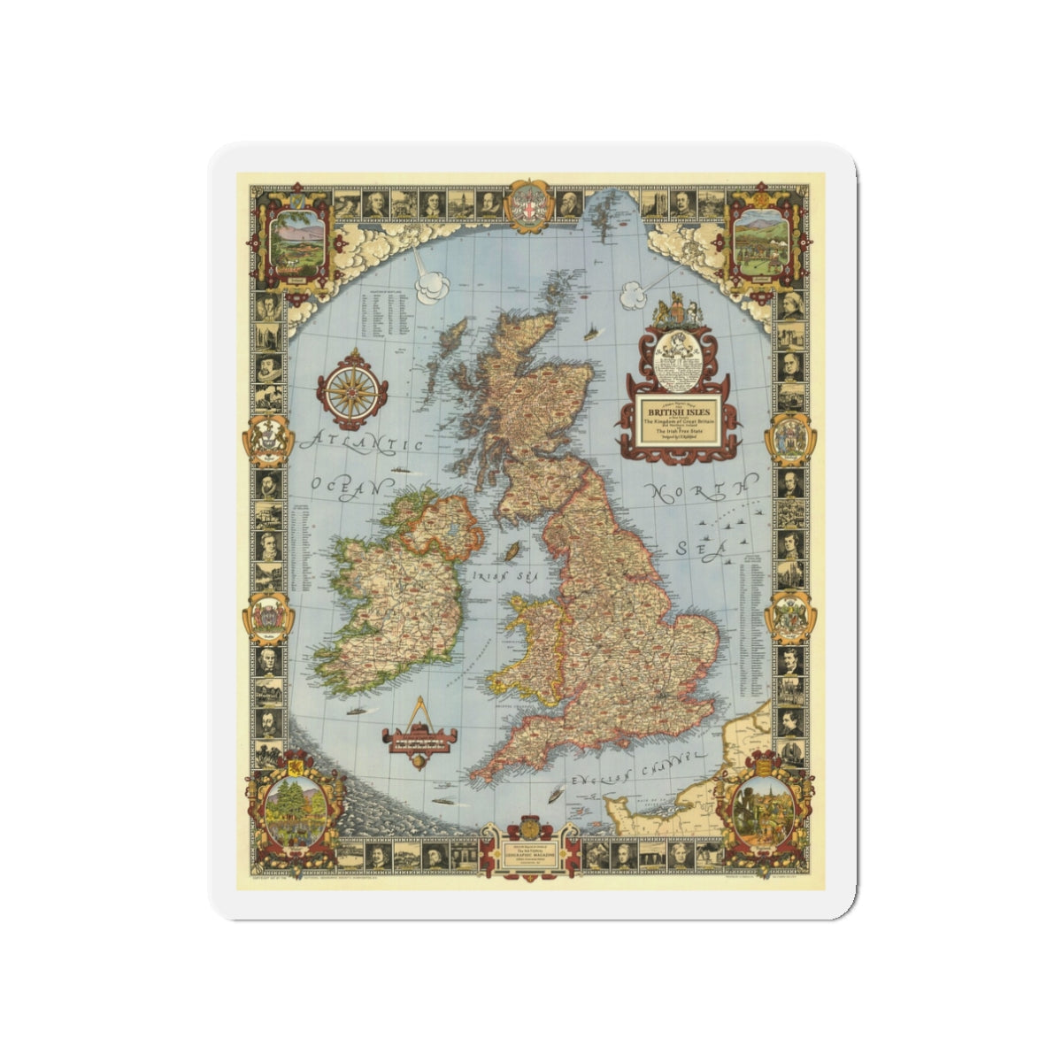 Great Britain - A Modern Pilgrim's Map (1937) (Map) Refrigerator Magnet-3" x 3"-The Sticker Space