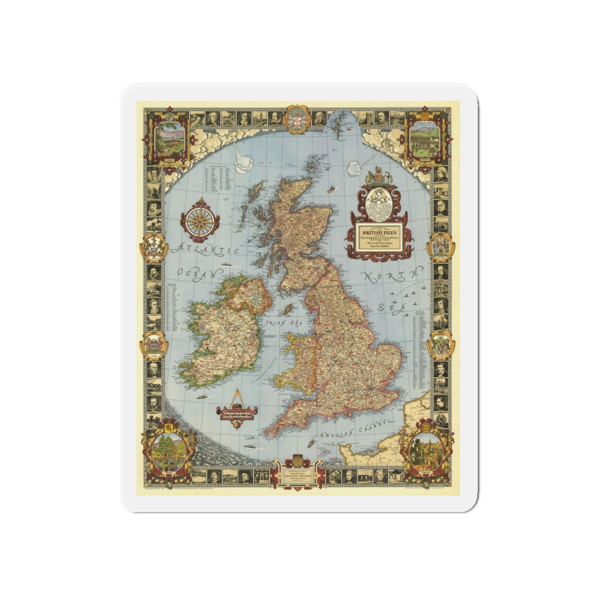 Great Britain - A Modern Pilgrim's Map (1937) (Map) Refrigerator Magnet-4" x 4"-The Sticker Space