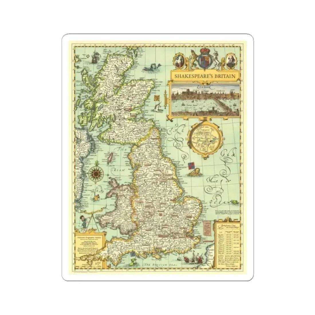 Great Britain - Shakespeare's (1964) (Map) STICKER Vinyl Kiss-Cut Decal 2 Inch White - The Sticker Space