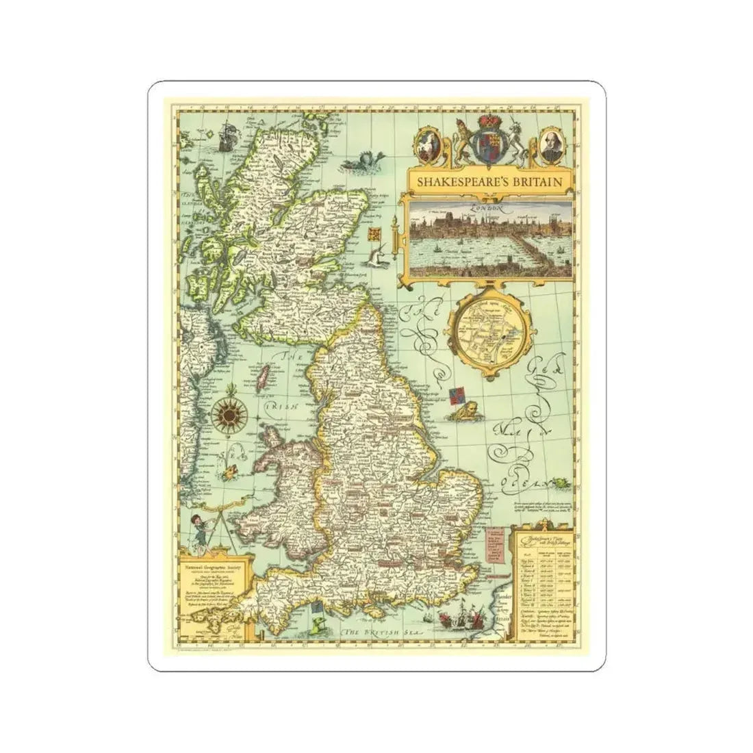 Great Britain - Shakespeare's (1964) (Map) STICKER Vinyl Kiss-Cut Decal 4 Inch White - The Sticker Space