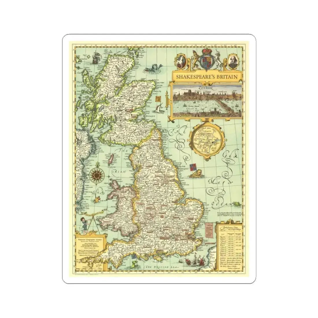 Great Britain - Shakespeare's (1964) (Map) STICKER Vinyl Kiss-Cut Decal 6 Inch White - The Sticker Space
