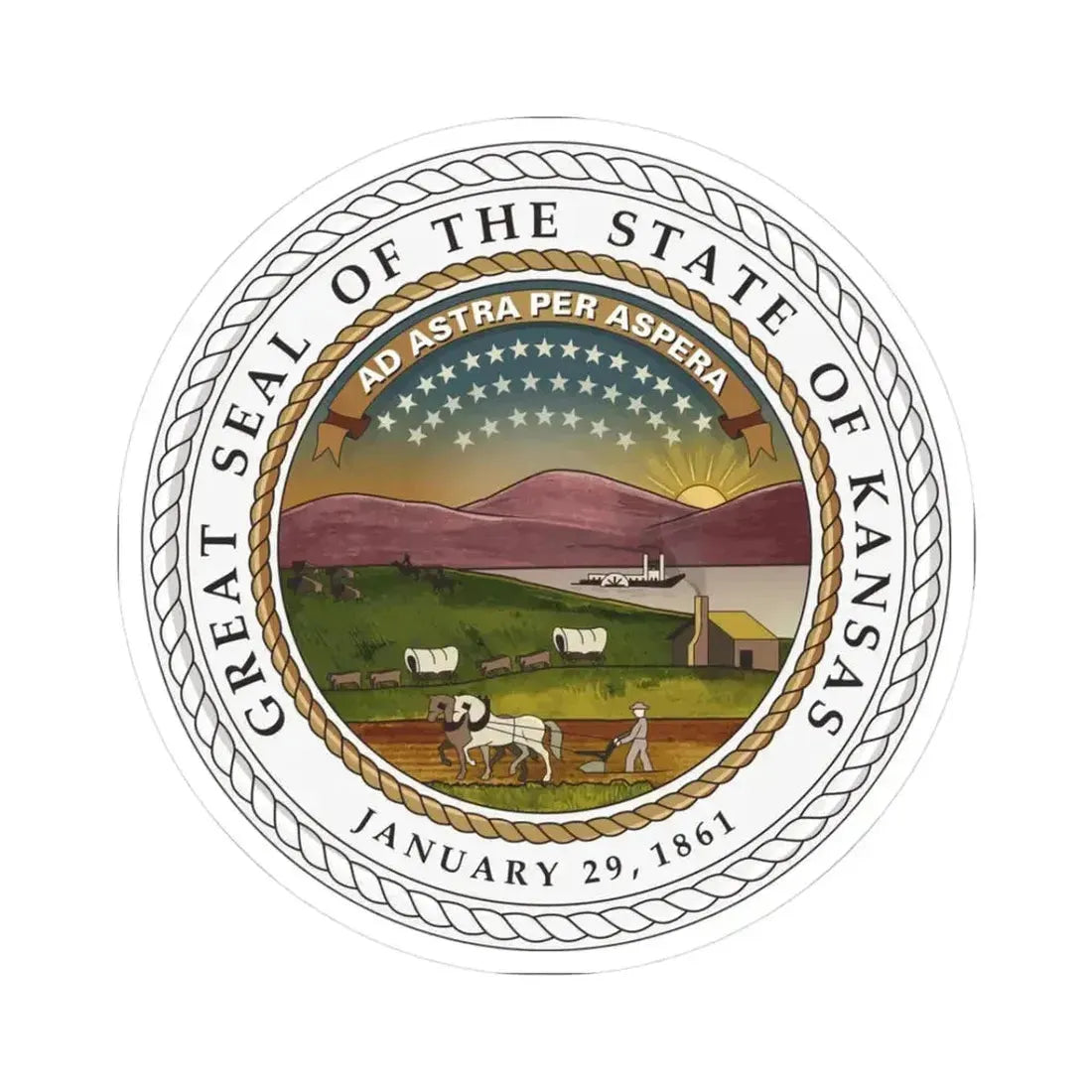 Great Seal of the State of Kansas Colored (United States) STICKER Vinyl Kiss-Cut Decal 3 Inch White - The Sticker Space