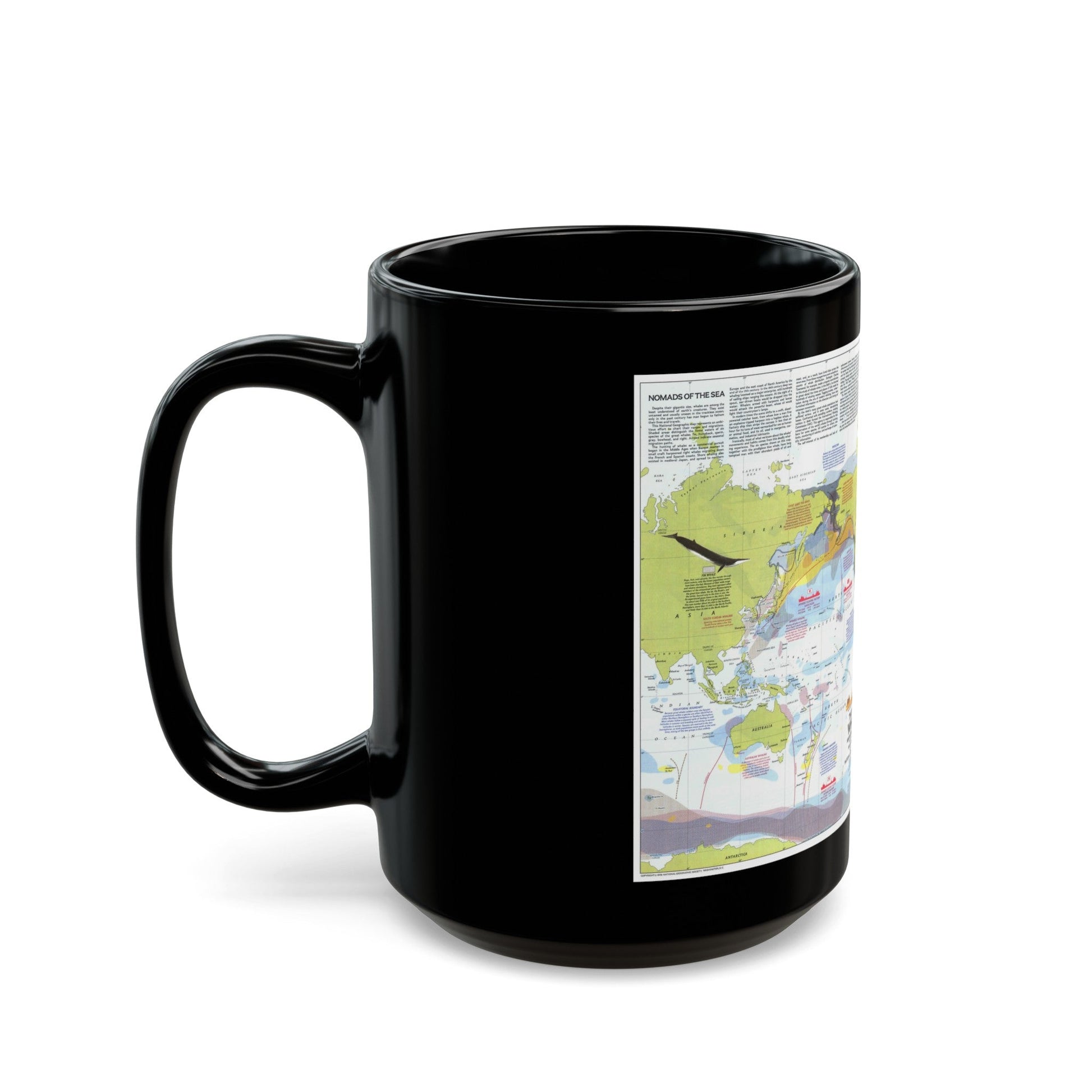 Great Whales, Migration and Range (1976) (Map) Black Coffee Mug-The Sticker Space