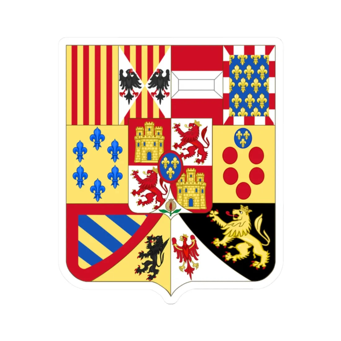 Greater Royal Arms of Spain 1761-1868 and 1874-1931 - Shape Variant (Spain) (Coat of Arms) STICKER Vinyl Kiss-Cut Decal 2 Inch White - The Sticker Space