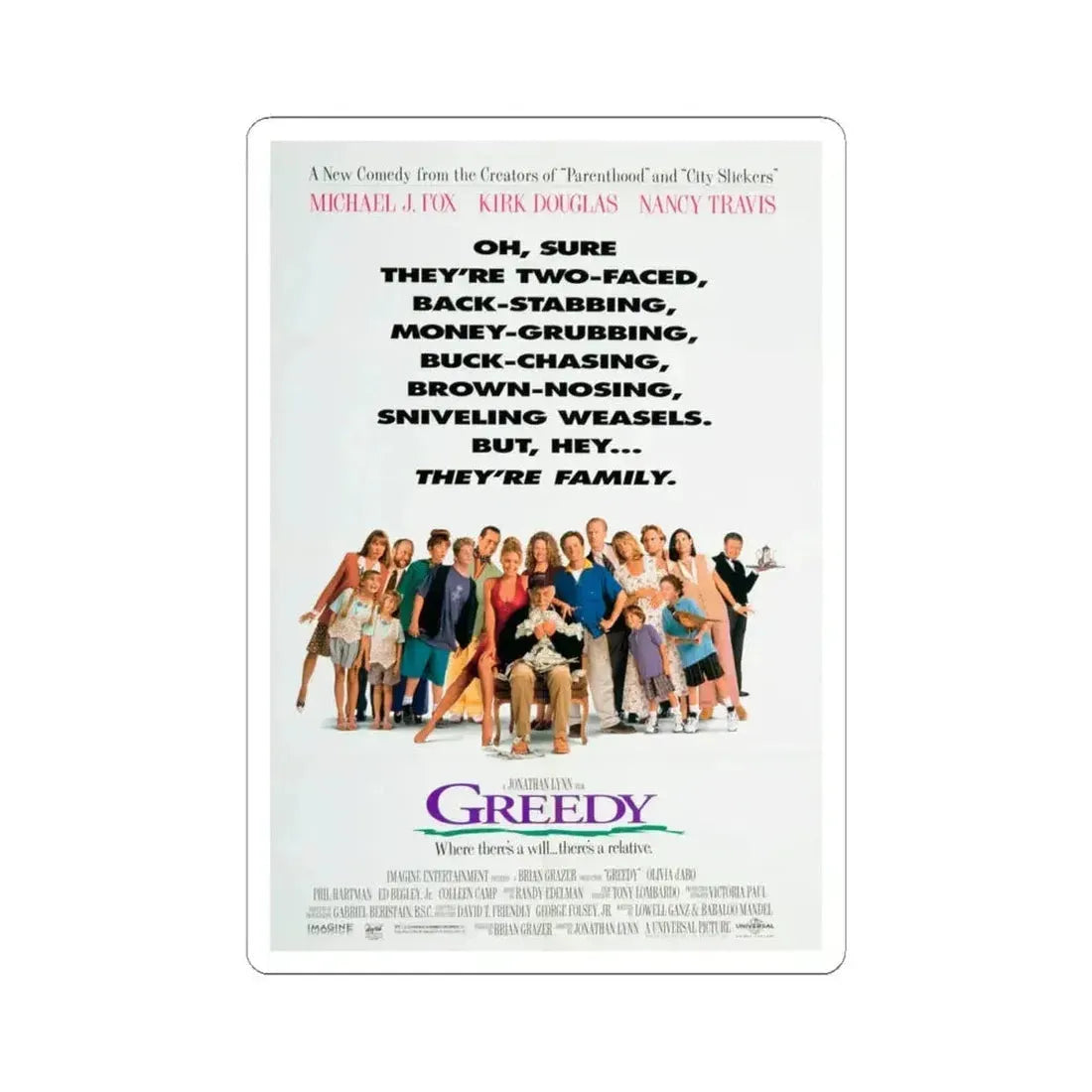 Greedy 1994 Movie Poster - STICKER Vinyl Kiss-Cut Decal 4 Inch White - The Sticker Space