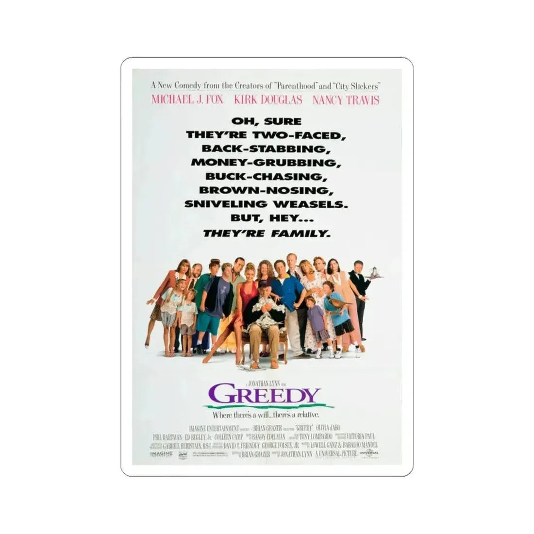 Greedy 1994 Movie Poster - STICKER Vinyl Kiss-Cut Decal 6 Inch White - The Sticker Space