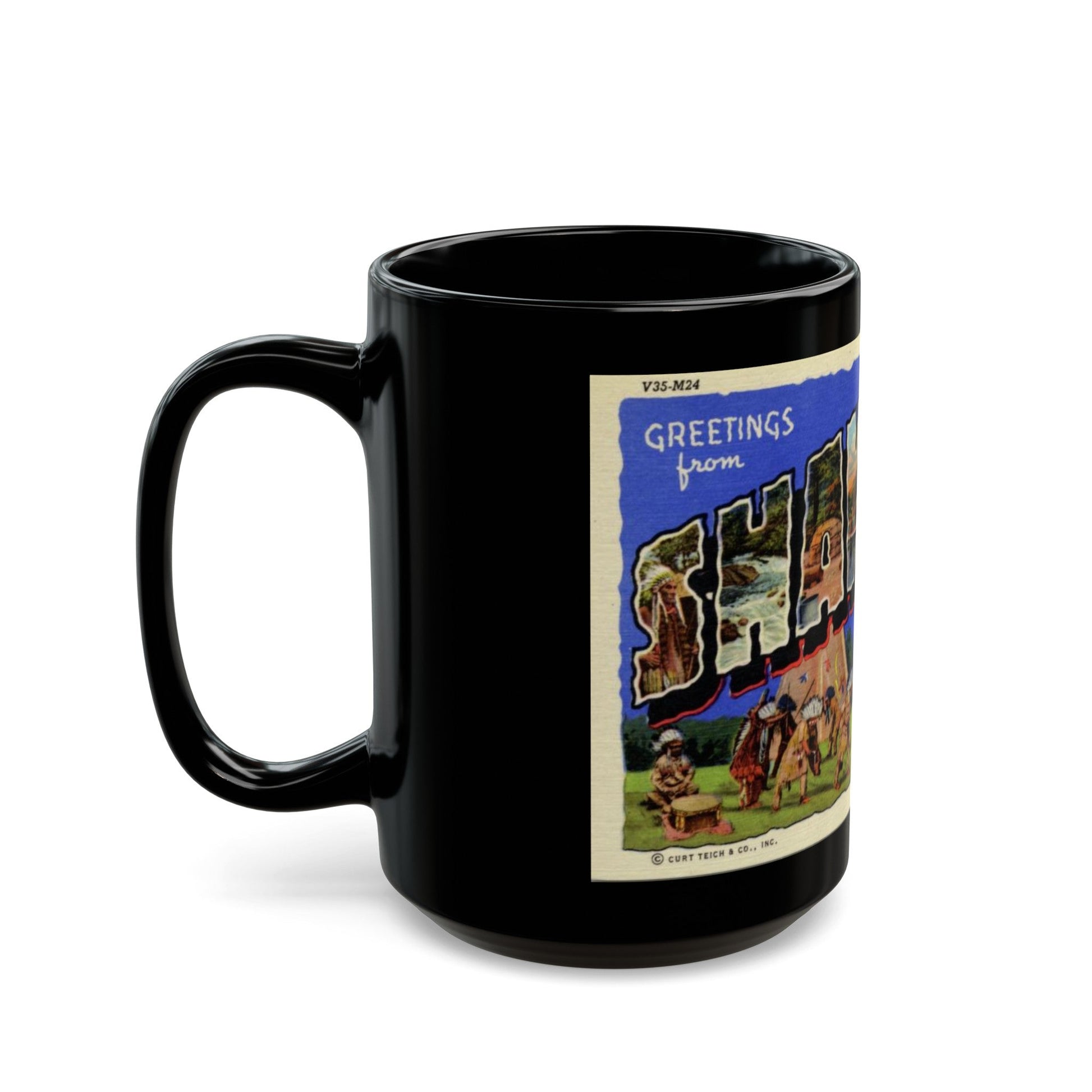 Greeting card from Shawano Wisconsin (Greeting Postcards) Black Coffee Mug-The Sticker Space