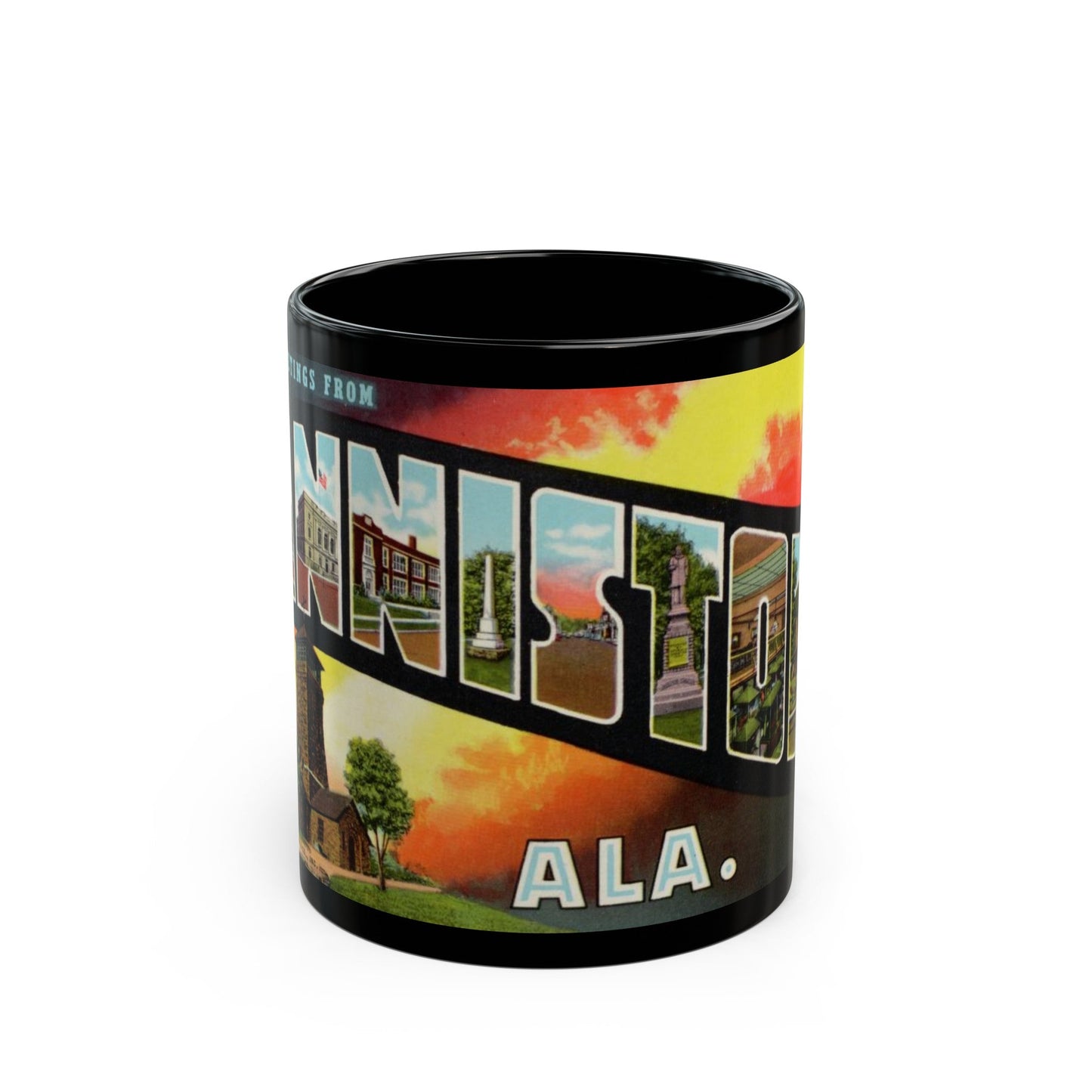 Greetings from Anniston Ala (Greeting Postcards) Black Coffee Mug-11oz-The Sticker Space